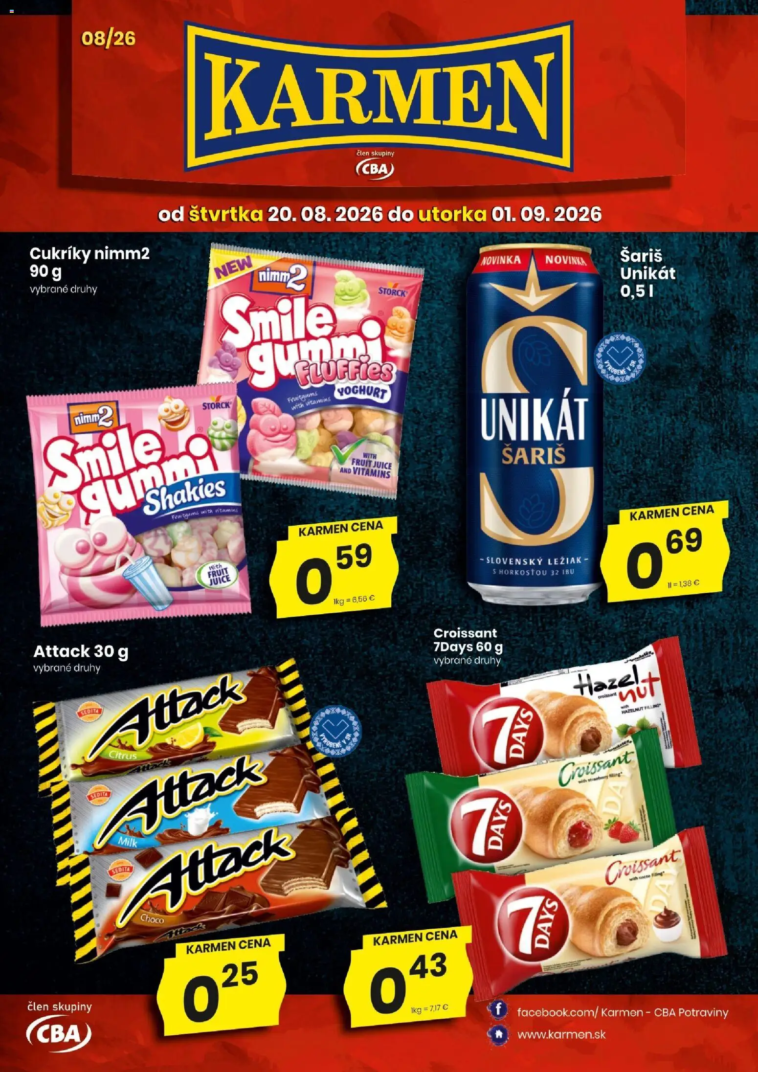 Nové KARMEN CBA akcie – leták je platný od 20.08.2026 | Strana: 1 | Produkty: Croissant, Šariš, Cukríky