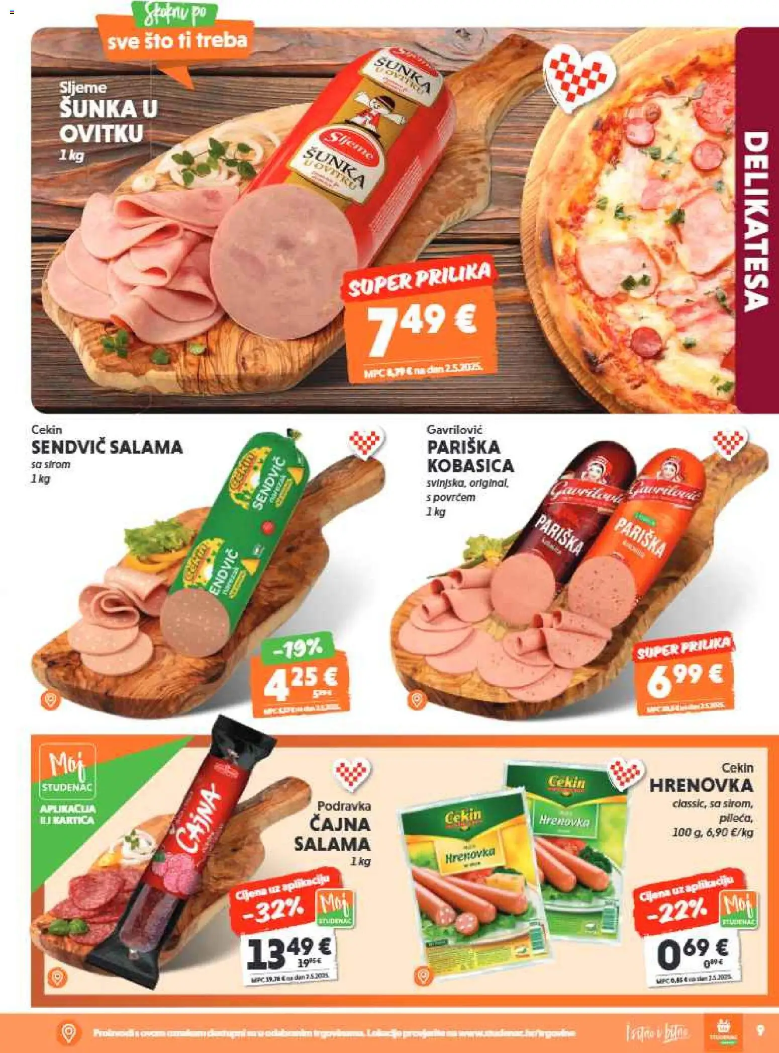 Studenac katalog | vrijedi od 29.07.2026 | Stranica: 9 | Proizvodi: Salama, Šunka, Podravka, Kobasica