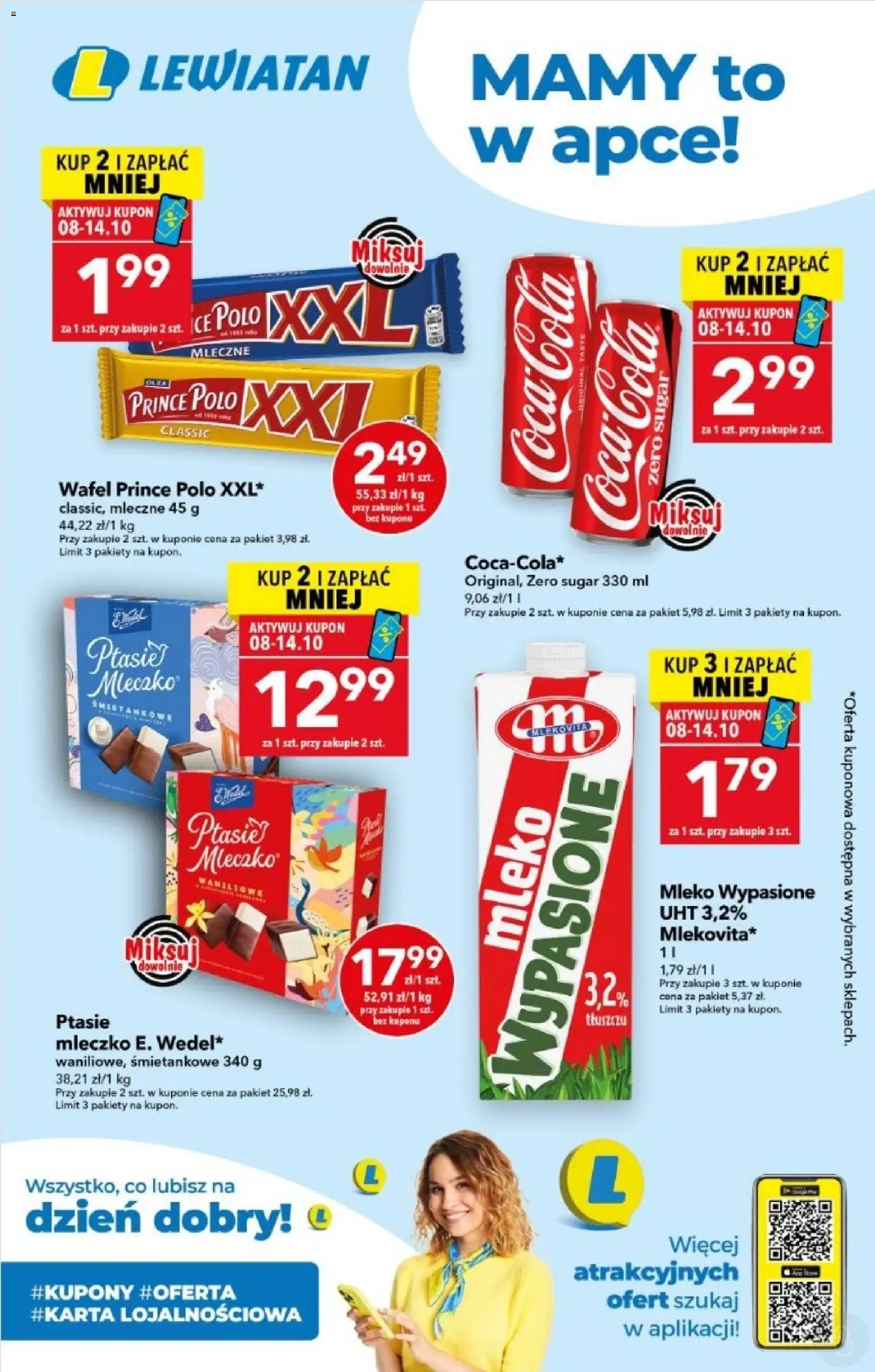 Lewiatan gazetka - Mamy to w apce od 08.10.2026 | Strona: 1 | Produkty: Mleko wypasione, Coca cola, Prince polo, Mleko