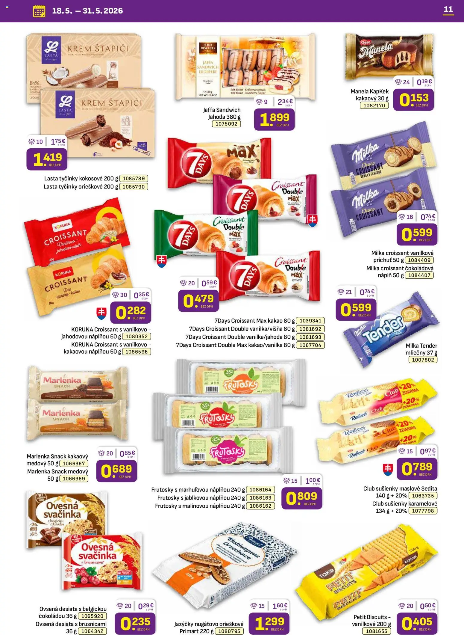 Nové Libex akcie – leták je platný od 18.05.2026 | Strana: 11 | Produkty: Croissant, Marlenka, Milka, Kakao