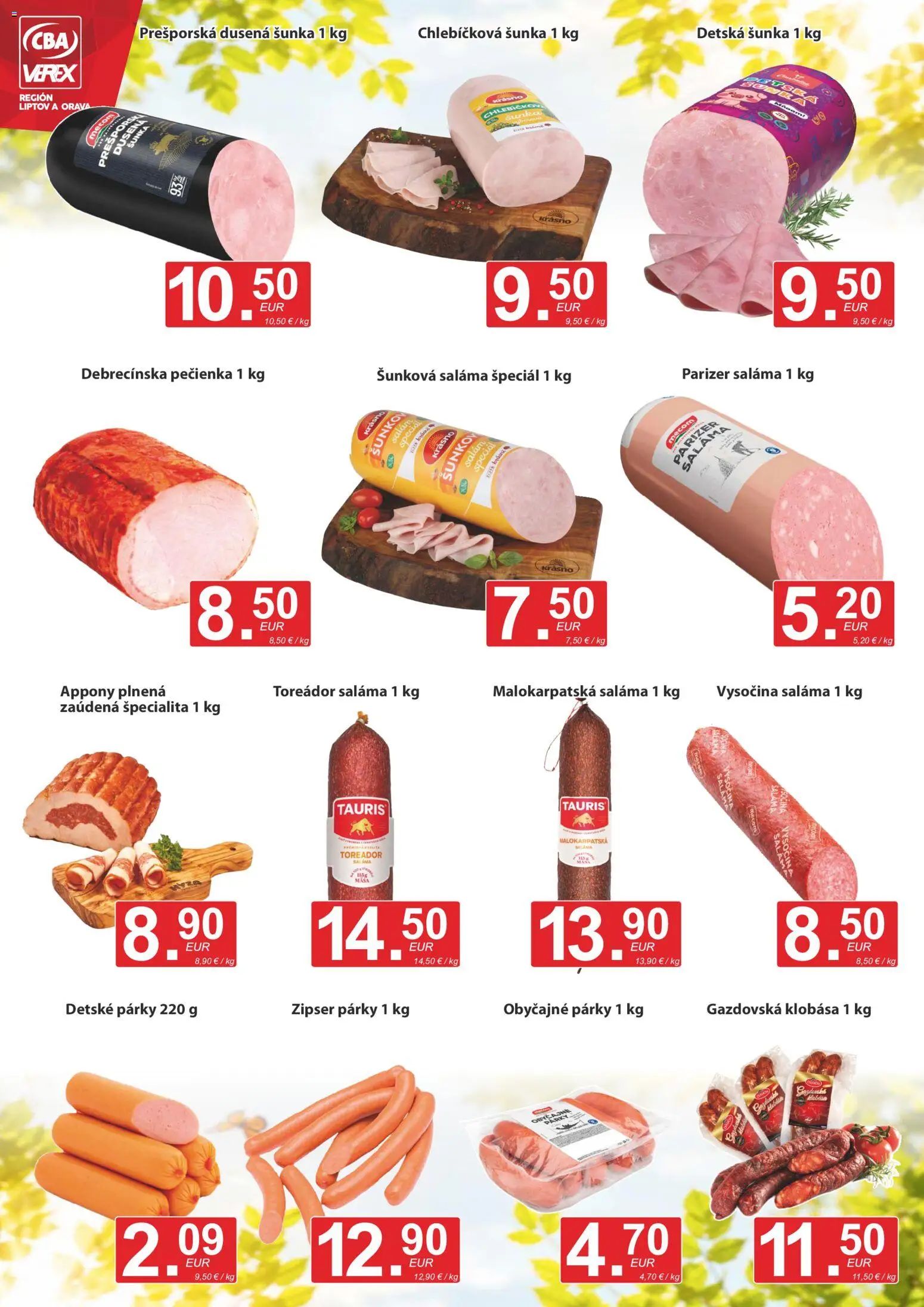 Nové CBA Verex akcie – leták je platný od 18.06.2026 | Strana: 2 | Produkty: Saláma, Šunka, Klobása, Párky