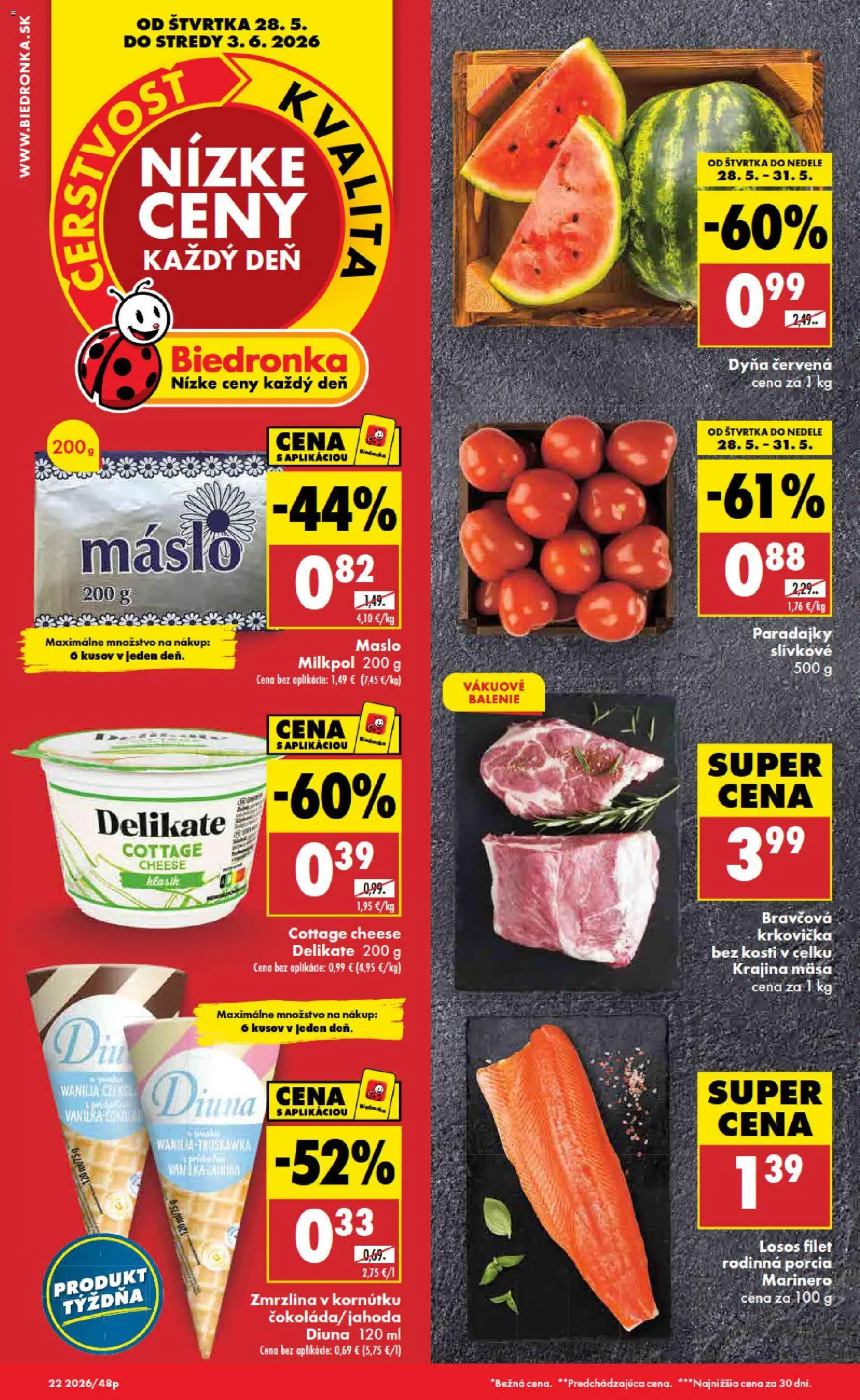 Nové Biedronka akcie – leták je platný od 28.05.2026 | Strana: 1 | Produkty: Maslo, Paradajky, Losos, Krkovička
