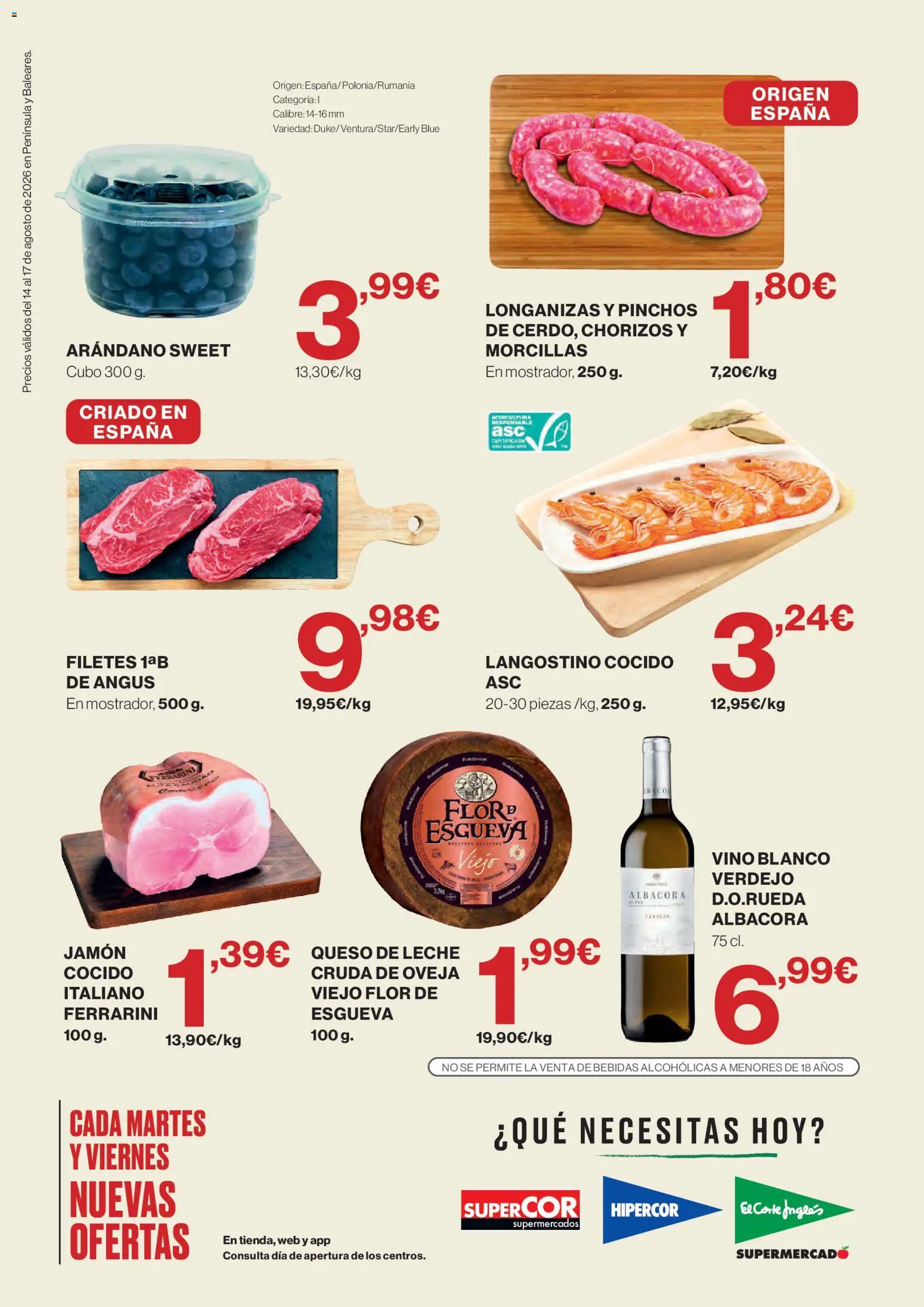 Hipercor Solo 3 días │ válido desde el 14/08/2026 | Página: 2 | Productos: Queso, Jamón, Vino, Langostino