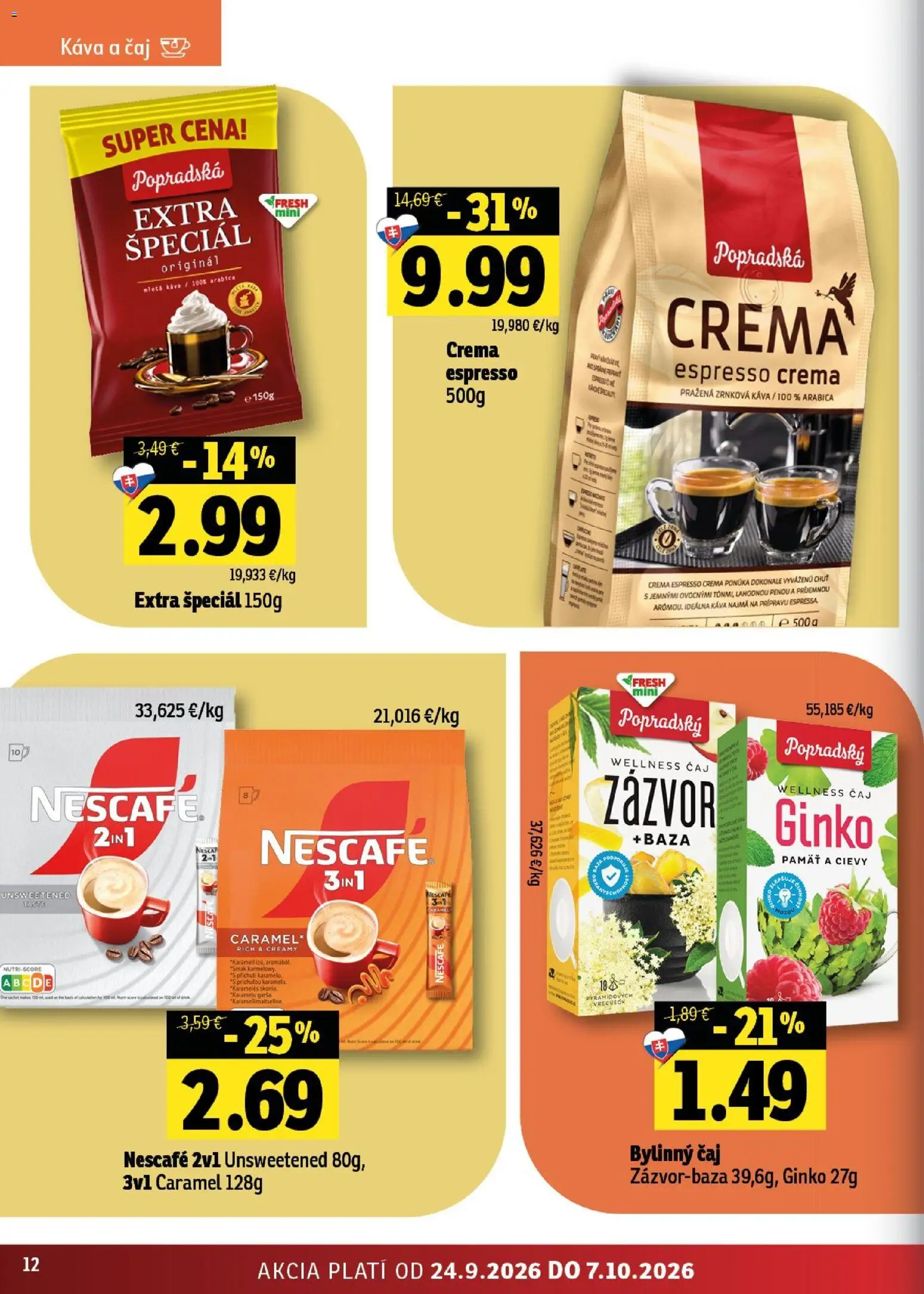 Nové Fresh akcie – leták je platný od 24.09.2026 | Strana: 12 | Produkty: Zázvor, Čaj, Bylinný čaj, Zrnková káva