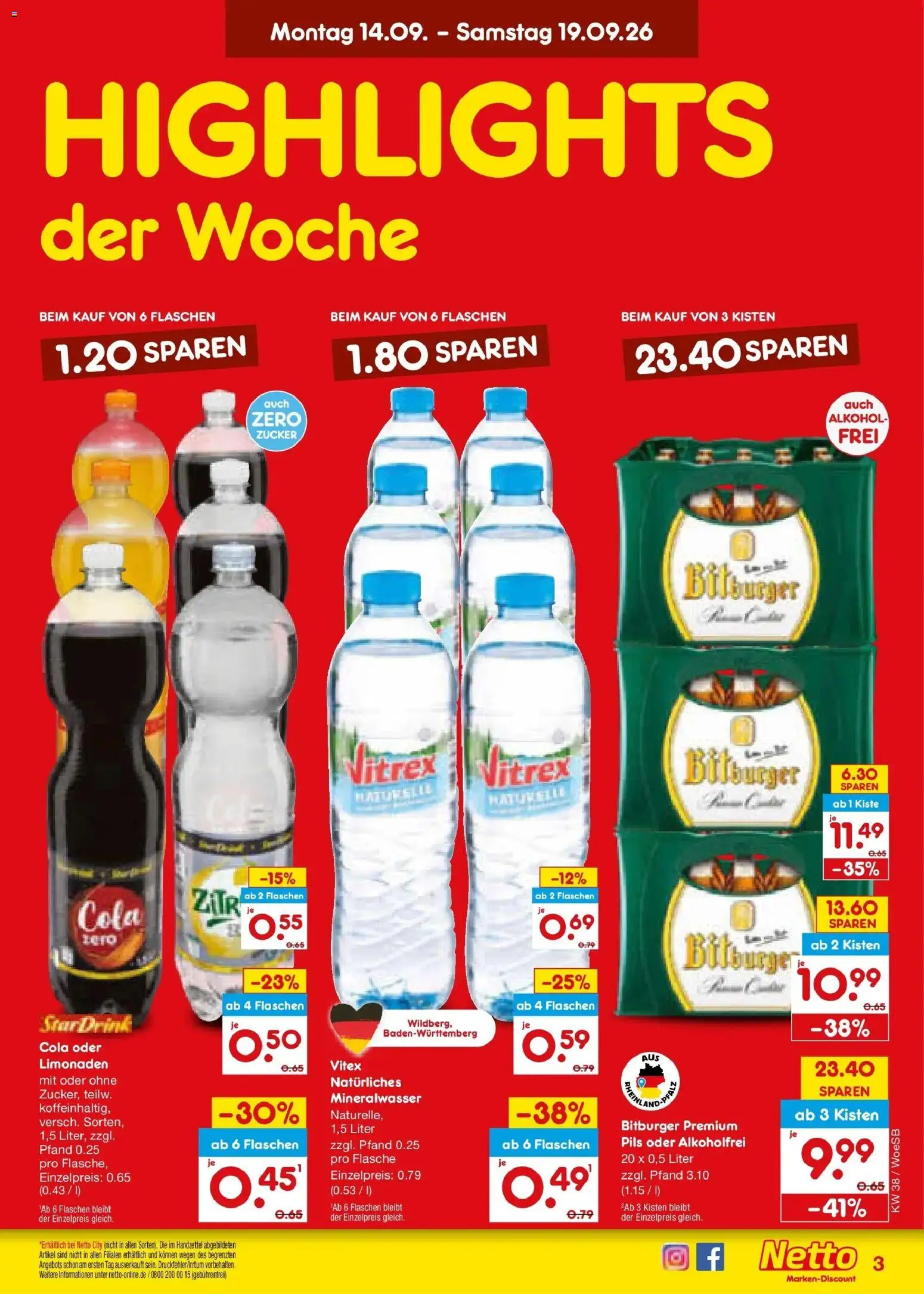 Netto Marken-Discount Prospekt Gemmingen – gültig ab 14.09.2026 | Seite: 3 | Produkte: Bitburger, Cola, Pils, Alkohol