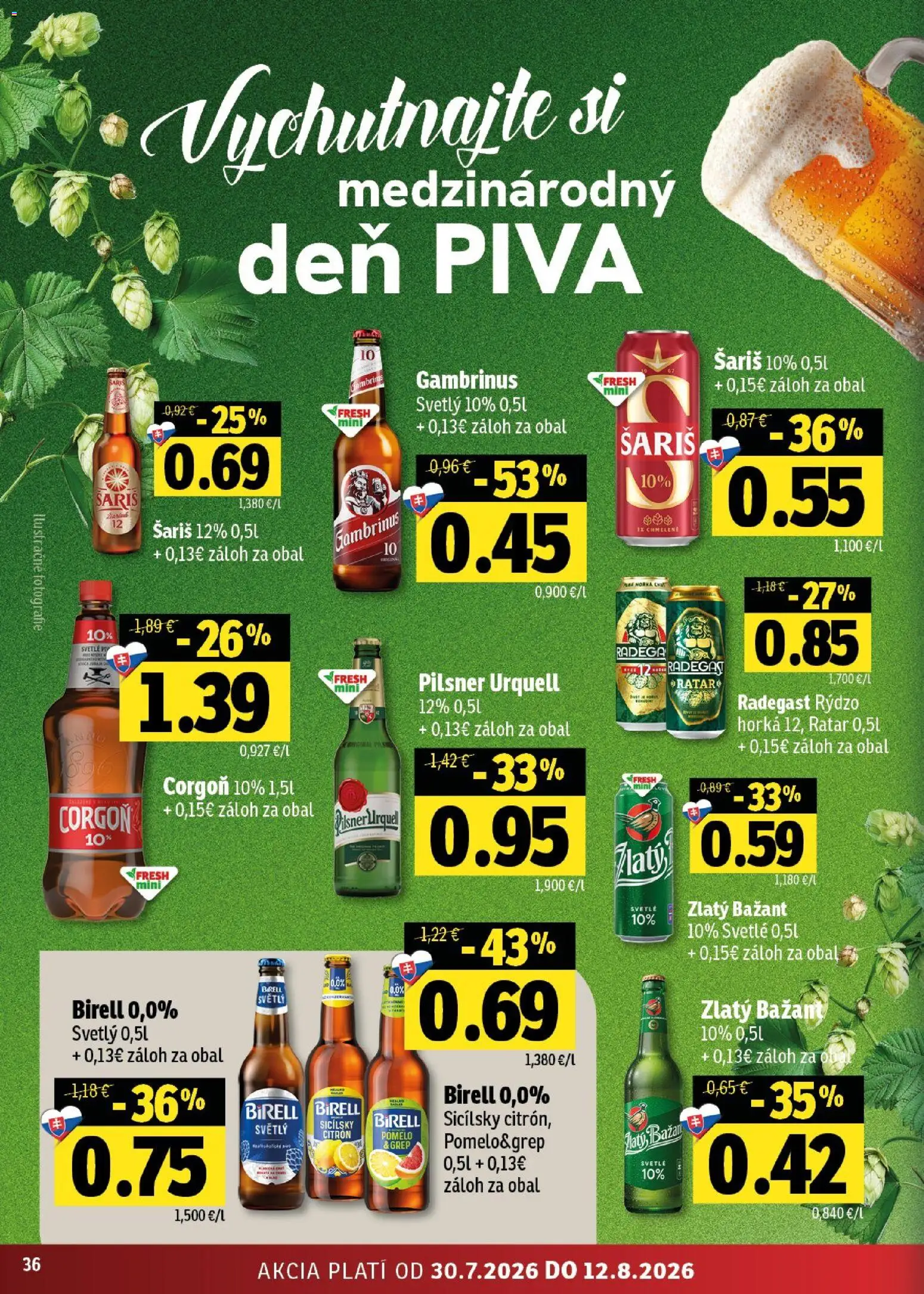 Nové Fresh akcie – leták je platný od 30.07.2026 | Strana: 36 | Produkty: Birell, Šariš, Grep, Gambrinus