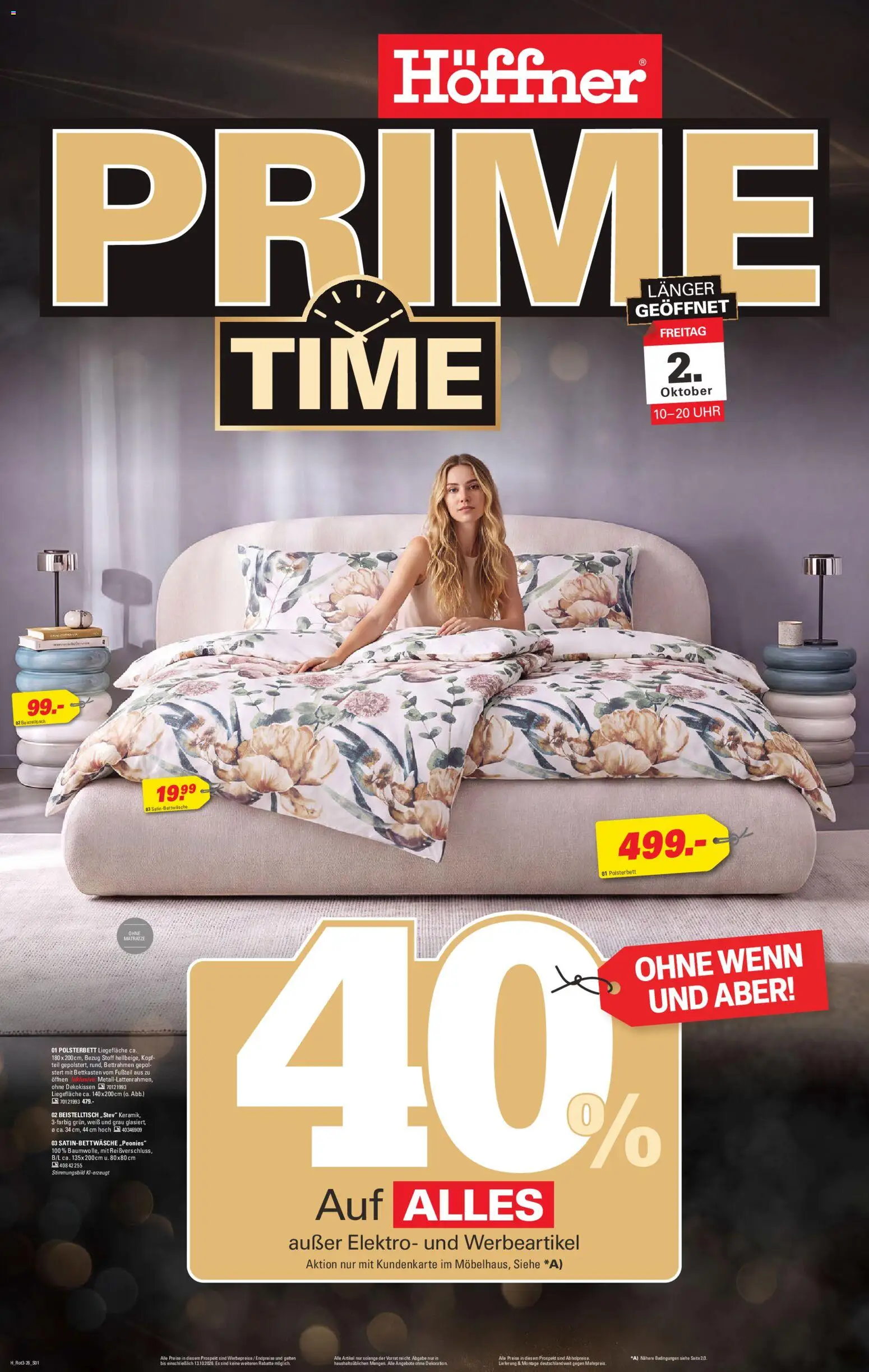 Höffner Prime Time – gültig ab 30.09.2026 | Seite: 1 | Produkte: Beistelltisch, Matratze, Polsterbett, Bettwäsche