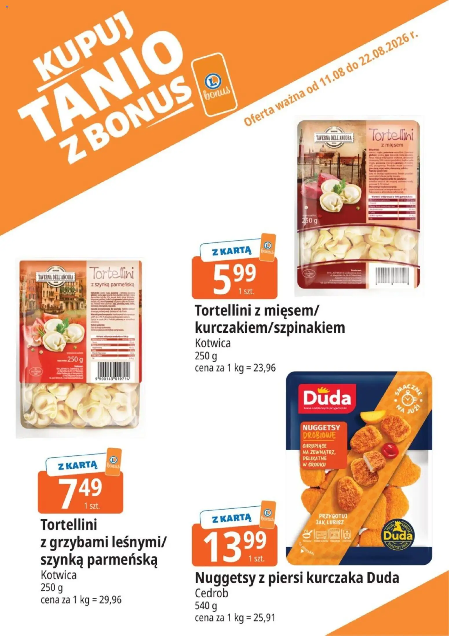 E.Leclerc gazetka - Kupuj Tanio Z Bonus od 11.08.2026 | Strona: 1 | Produkty: Karta, Piersi, Szynka, Nuggetsy