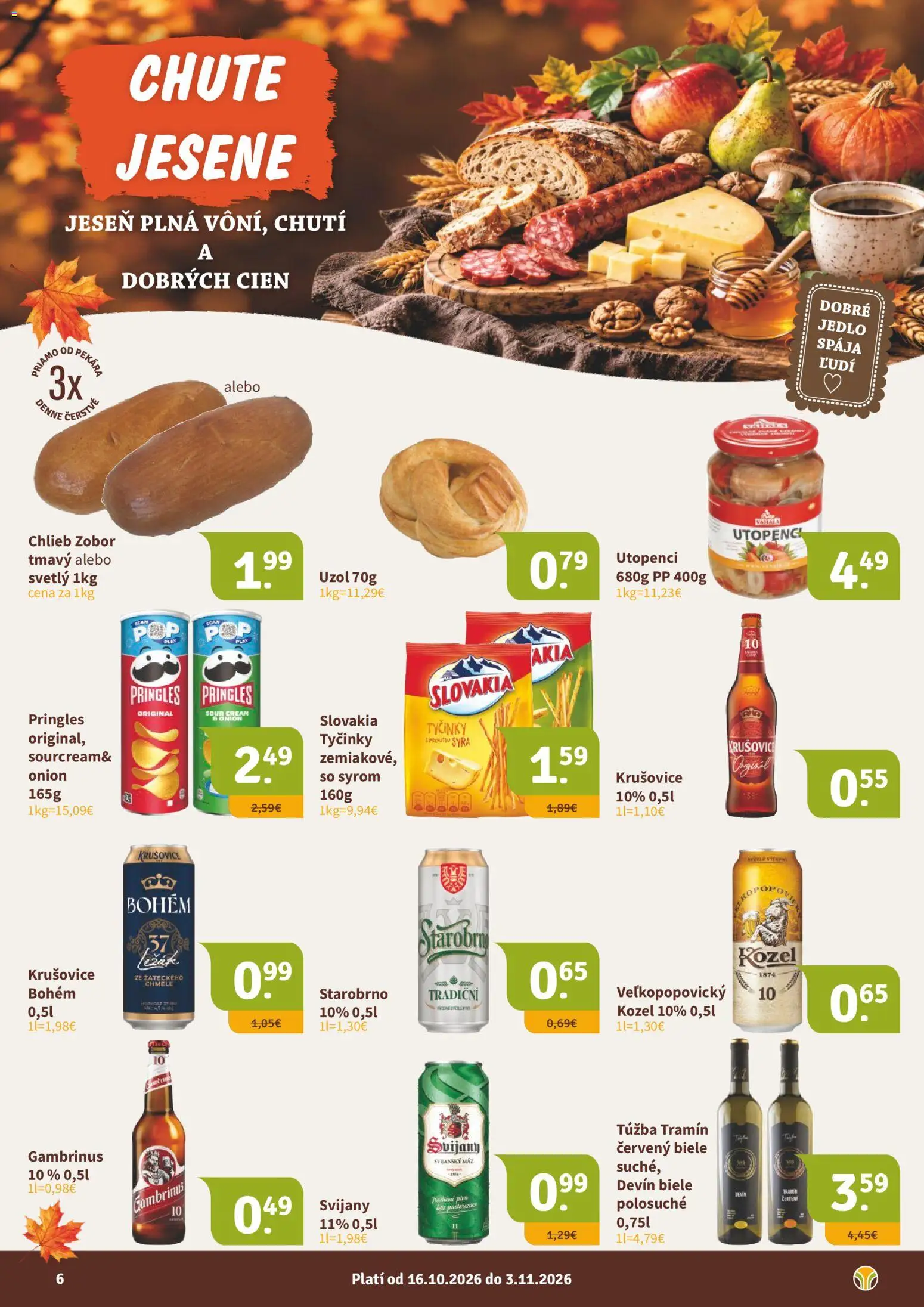 Nové Nitrazdroj akcie – leták je platný od 16.10.2026 | Strana: 6 | Produkty: Chlieb, Pringles, Krušovice, Svijany