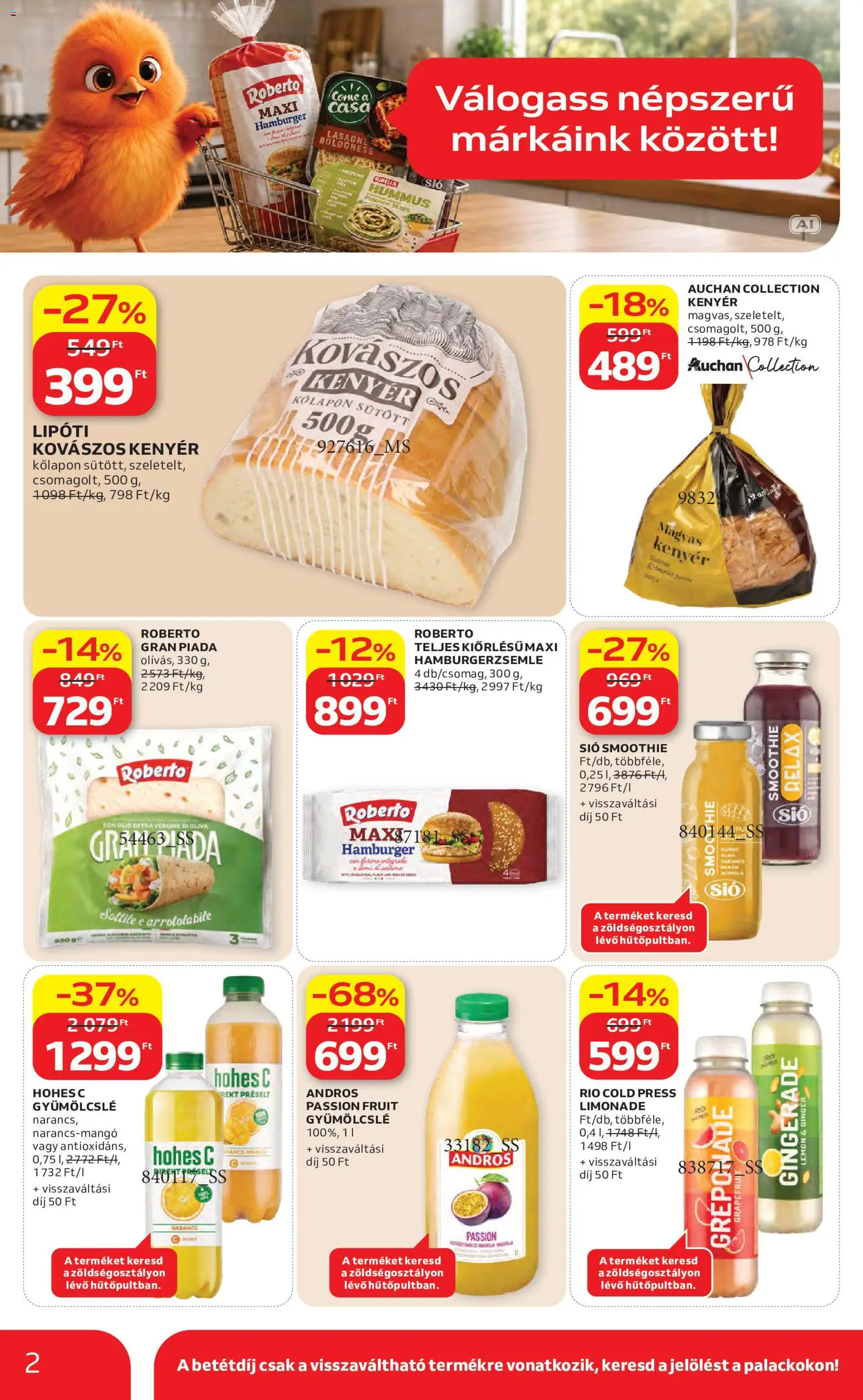 Auchan akciós ujság - amely érvényes a következő dátumtól: 2026.09.10. | Oldal: 2 | Termékek: Hamburger, Hamburgerzsemle, Kenyér, Narancs