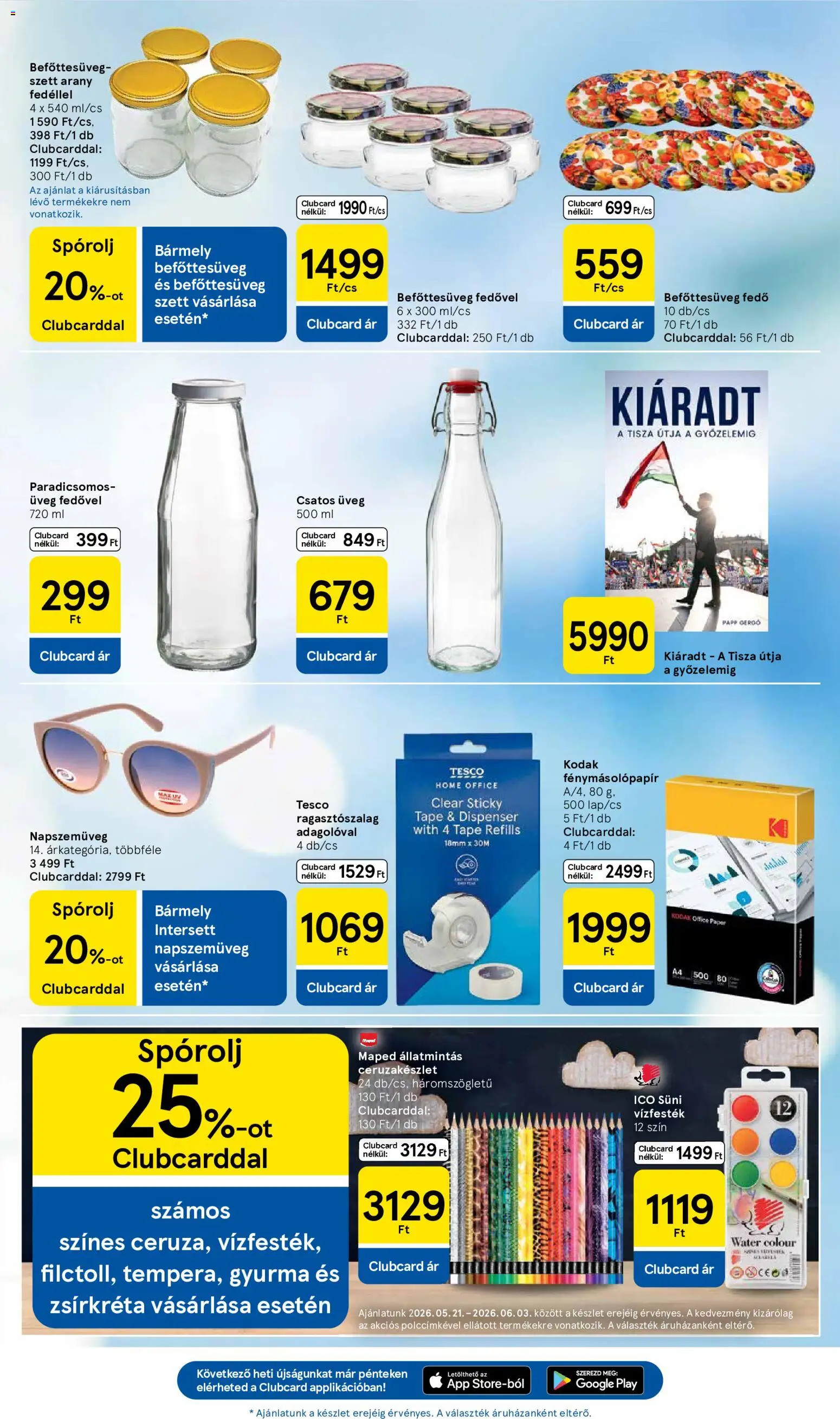 Tesco akciós ujság - amely érvényes a következő dátumtól: 21.05.2026 | Oldal: 33 | Termékek: Napszemüveg, Fénymásolópapír, Gyurma, Befőttesüveg