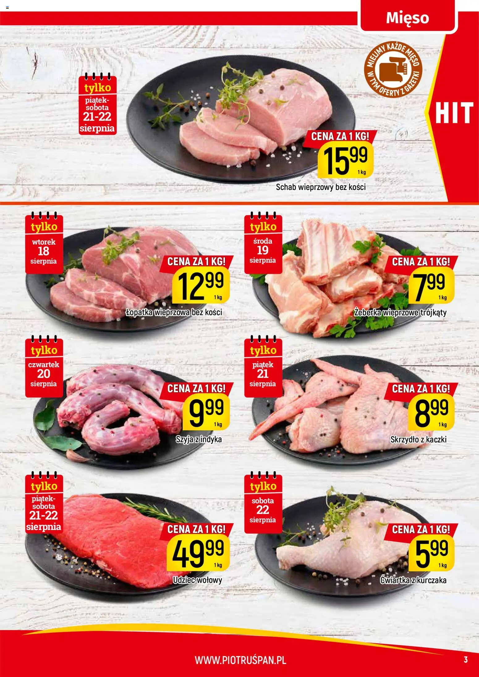 Piotruś Pan gazetka od 18.08.2026 | Strona: 3 | Produkty: Żeberka, Schab, Udziec wołowy, Łopatka wieprzowa