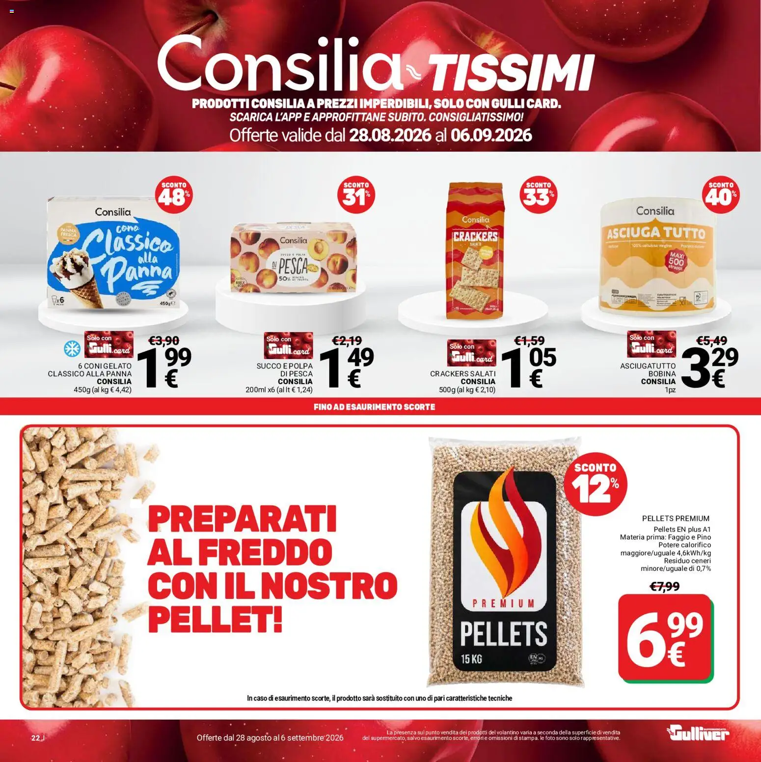 Volantino Gulliver del 28/08/2026 | Pagina: 22 | Prodotti: Pellet, Succo, Pesca, Asciugatutto
