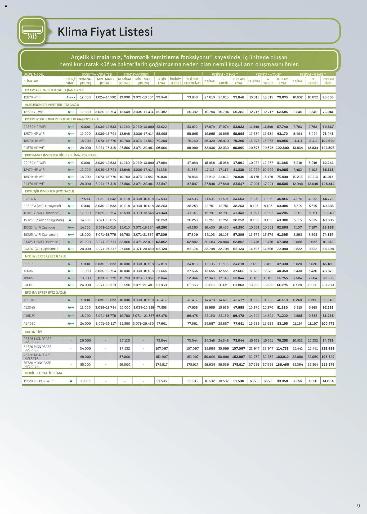 Arçelik - İklimlendirme Kataloğu - 16.06.2026 tarihinden itibaren geçerlidir | Sayfa: 9 | Ürünler: Klima