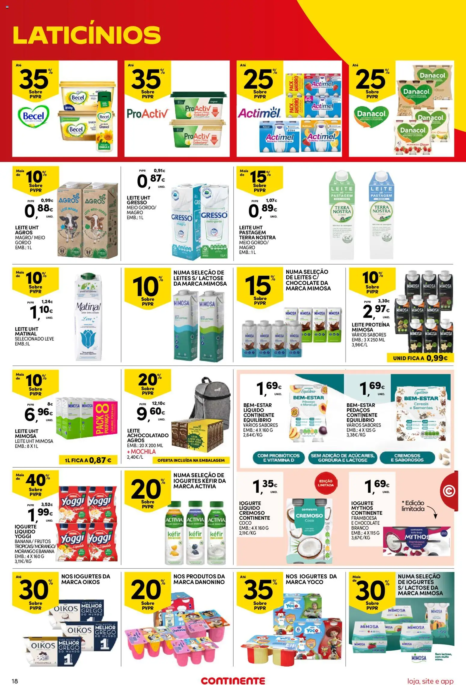 Continente Semanal Continente Bom Dia │ válido de 25/08/2026 | Página: 18 | Produtos: Mochila, Leite proteina, Probióticos, Laticínios