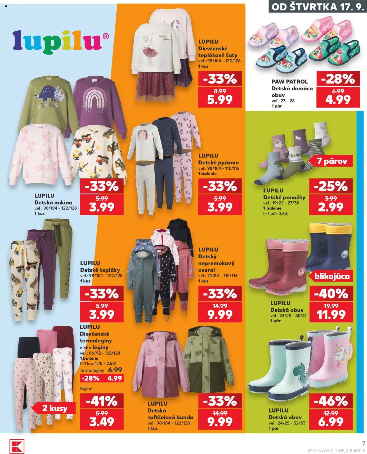 Kaufland SK akciós ujság - amely érvényes a következő dátumtól: 2026.09.17. | Oldal: 7 | Termékek: Paw Patrol, Lupilu, Overál