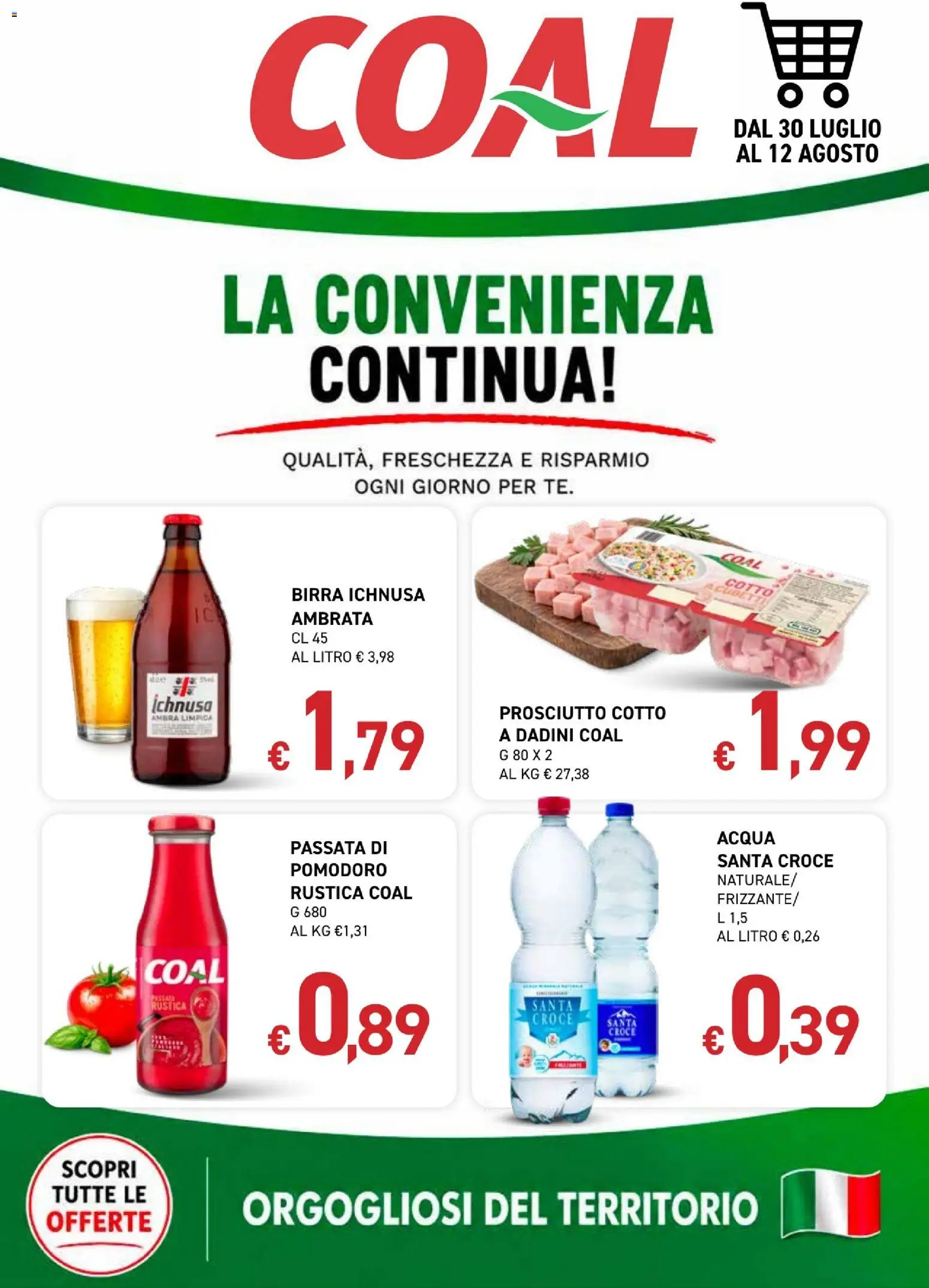Volantino Coal del 30/07/2026 | Pagina: 1 | Prodotti: Birra, Acqua, Pomodoro, Prosciutto