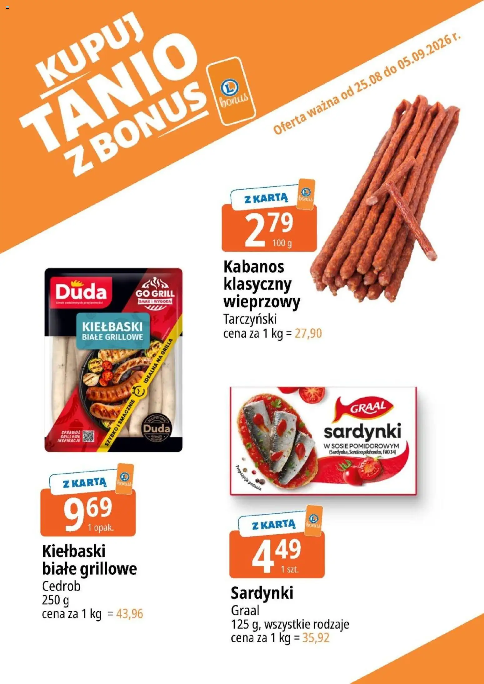 E.Leclerc gazetka - Kupuj Tanio Z Bonus od 25.08.2026 | Strona: 16 | Produkty: Karta, Grill, Kiełbaski, Sardynki