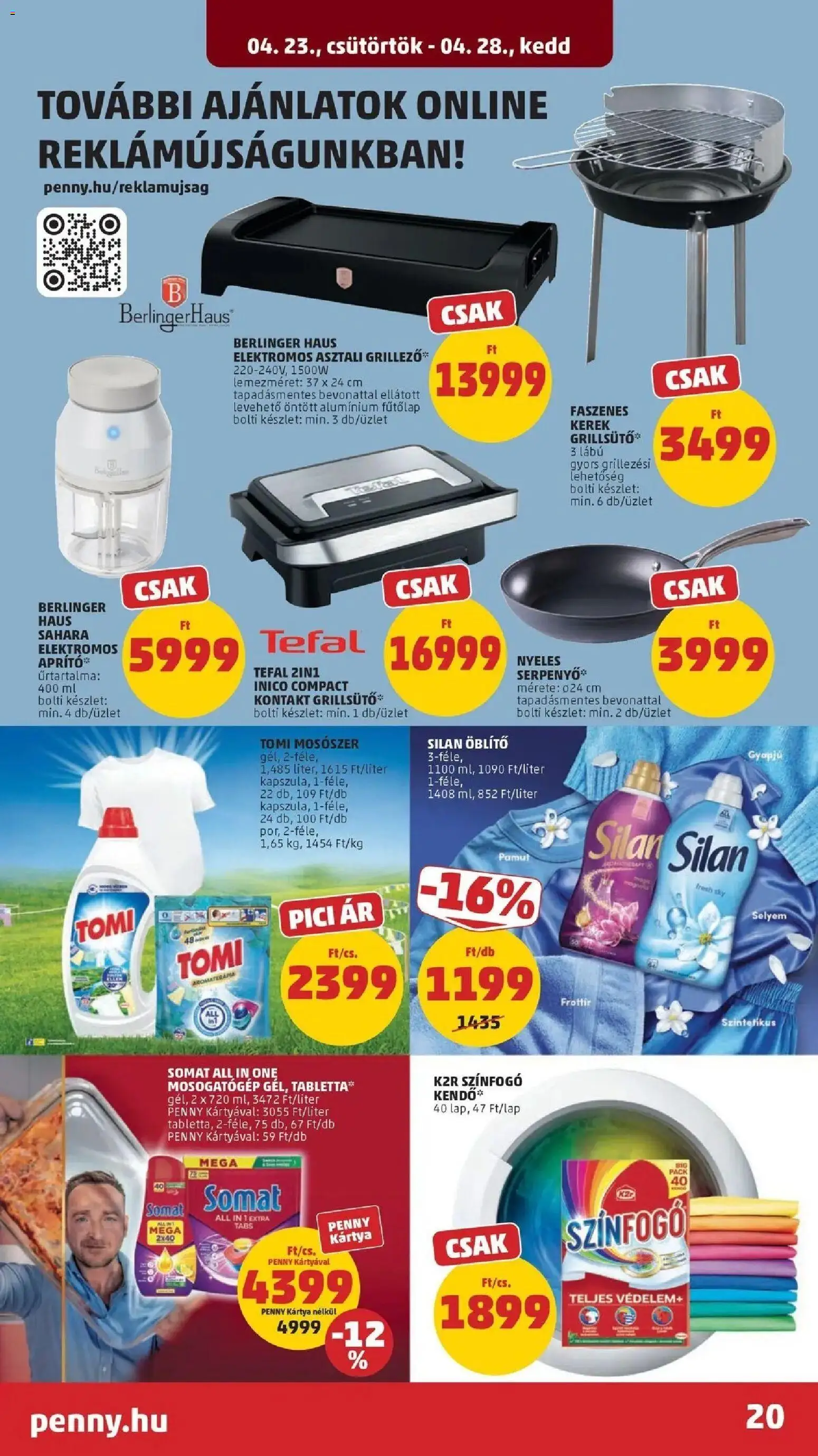 PENNY akciós ujság - amely érvényes a következő dátumtól: 2026.04.23. | Oldal: 20 | Termékek: Somat, Tefal, Grill, Öblítő