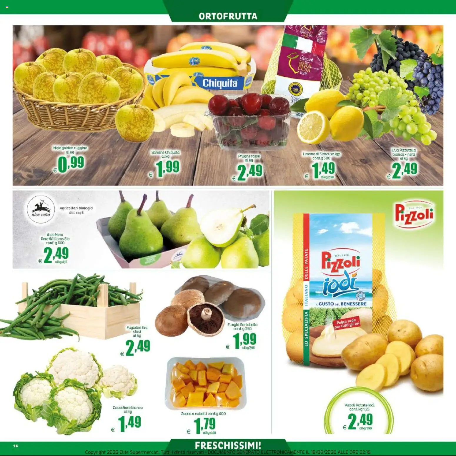 Volantino Elite Supermercati del 18/09/2026 | Pagina: 16 | Prodotti: Banane, Prugne, Patate, Funghi