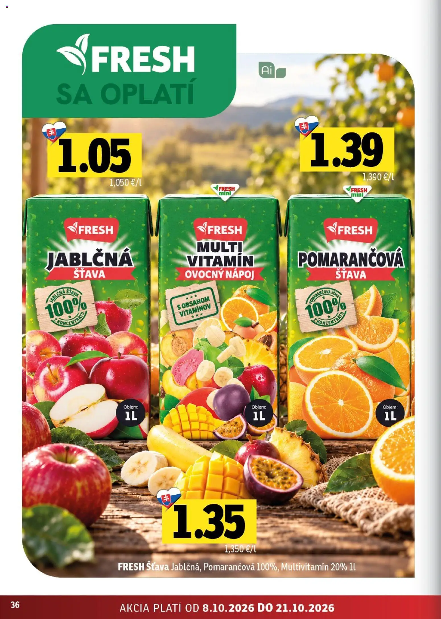 Nové Fresh akcie – leták je platný od 08.10.2026 | Strana: 36 | Produkty: Multivitamín, Šťava
