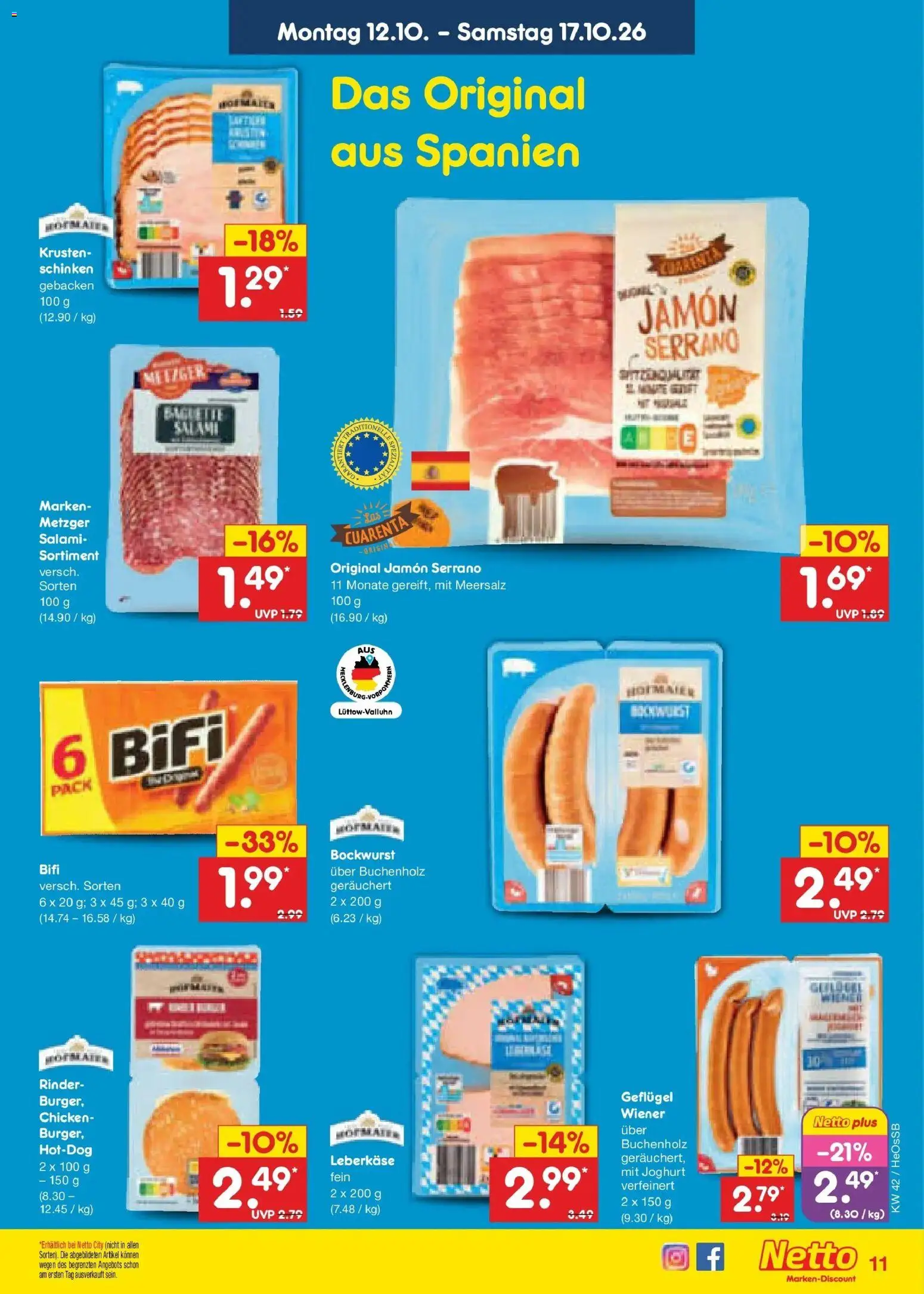 Netto Marken-Discount Prospekt Rostock – gültig ab 12.10.2026 | Seite: 13 | Produkte: Bockwurst, Joghurt, Bifi, Leberkase
