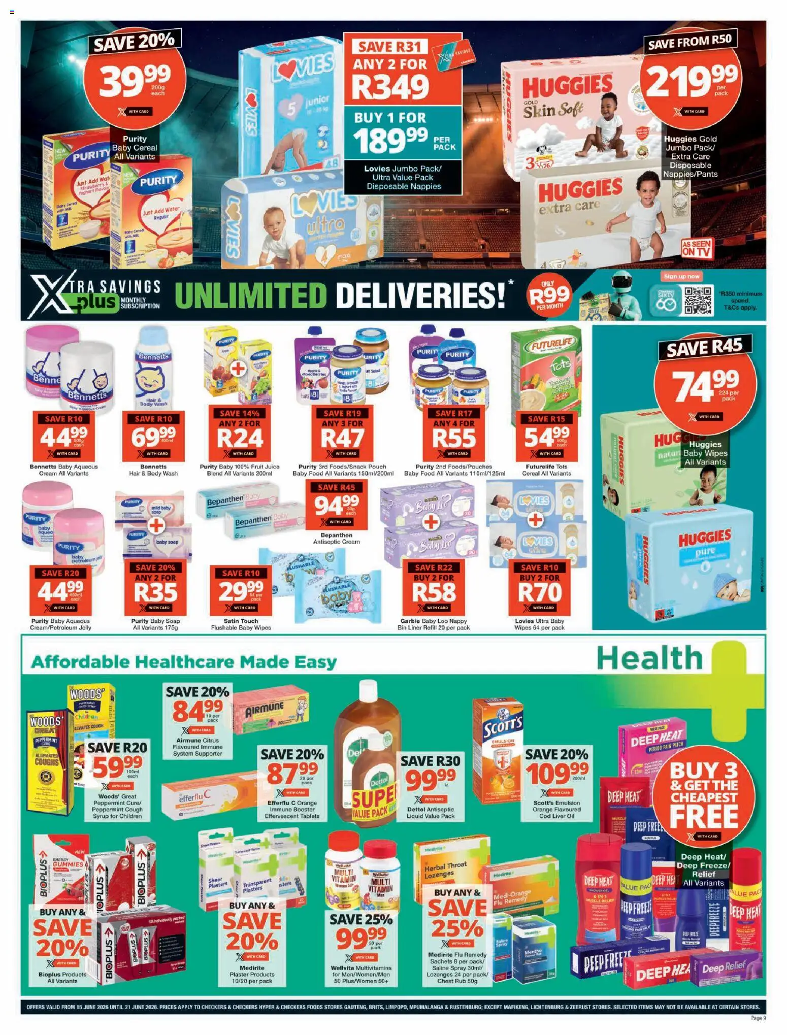 New Checkers catalogue – valid from 15.06.2026 | Page: 9 | Products: Oil, Lozenges, Body wash, Nappies