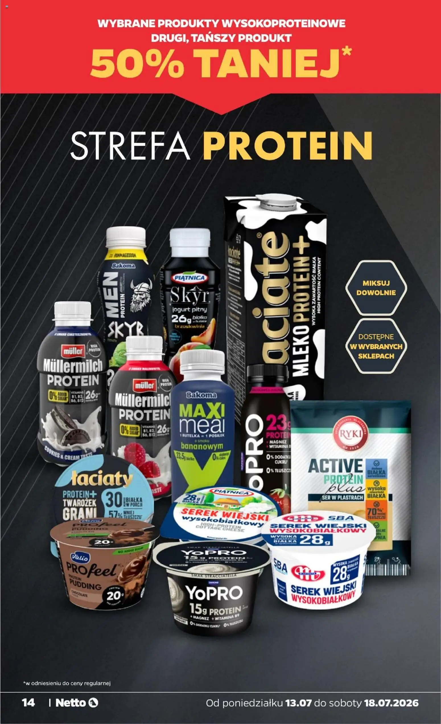 Netto gazetka od poniedziałku od 13.07.2026 | Strona: 14 | Produkty: Serek wiejski, Müllermilch Protein, Skyr piątnica, Twarożek