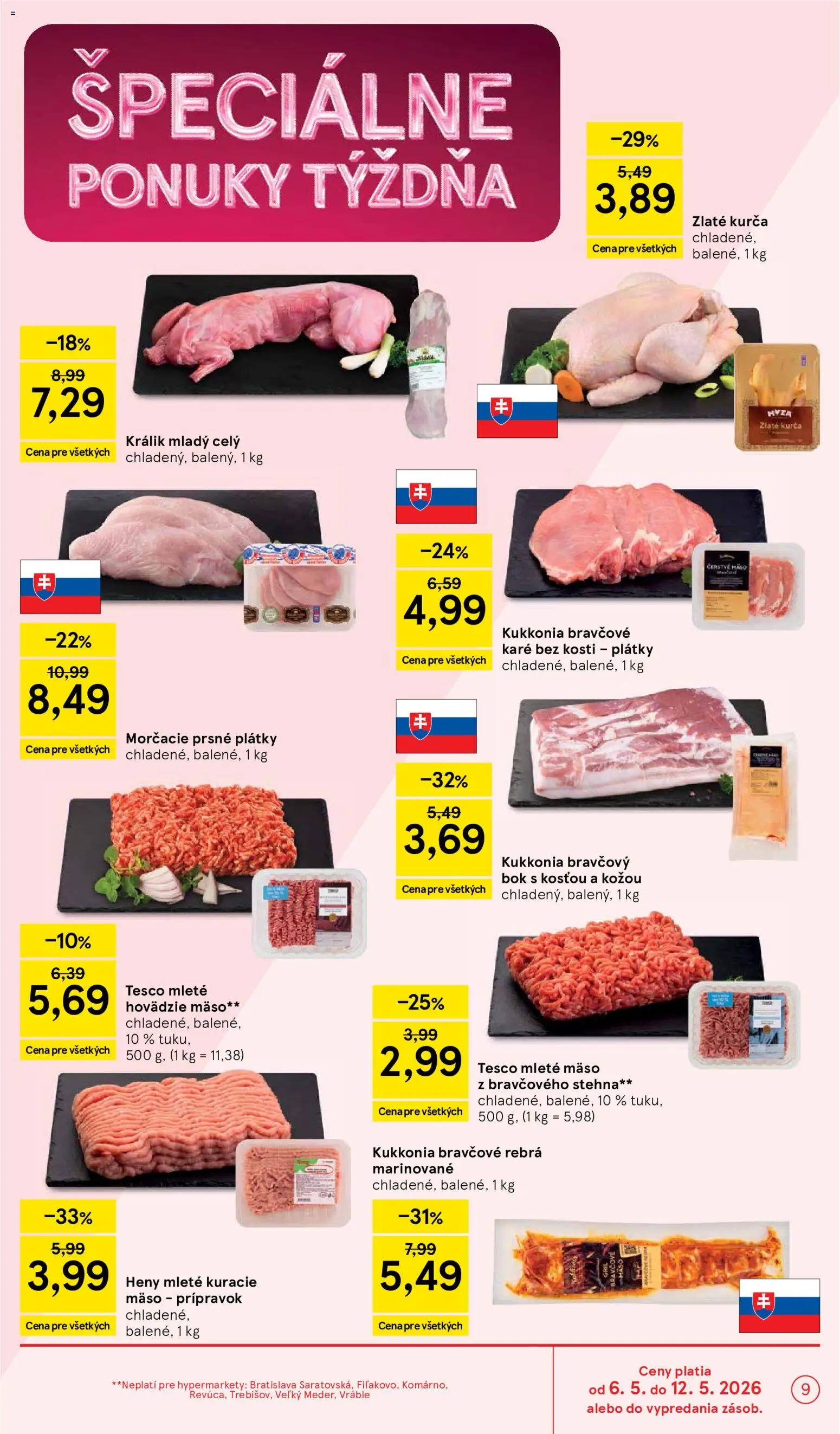 Nové Tesco akcie – leták je platný od 06.05.2026 | Strana: 9 | Produkty: Kuracie mäso, Mleté mäso, Kurča, Bravčové karé