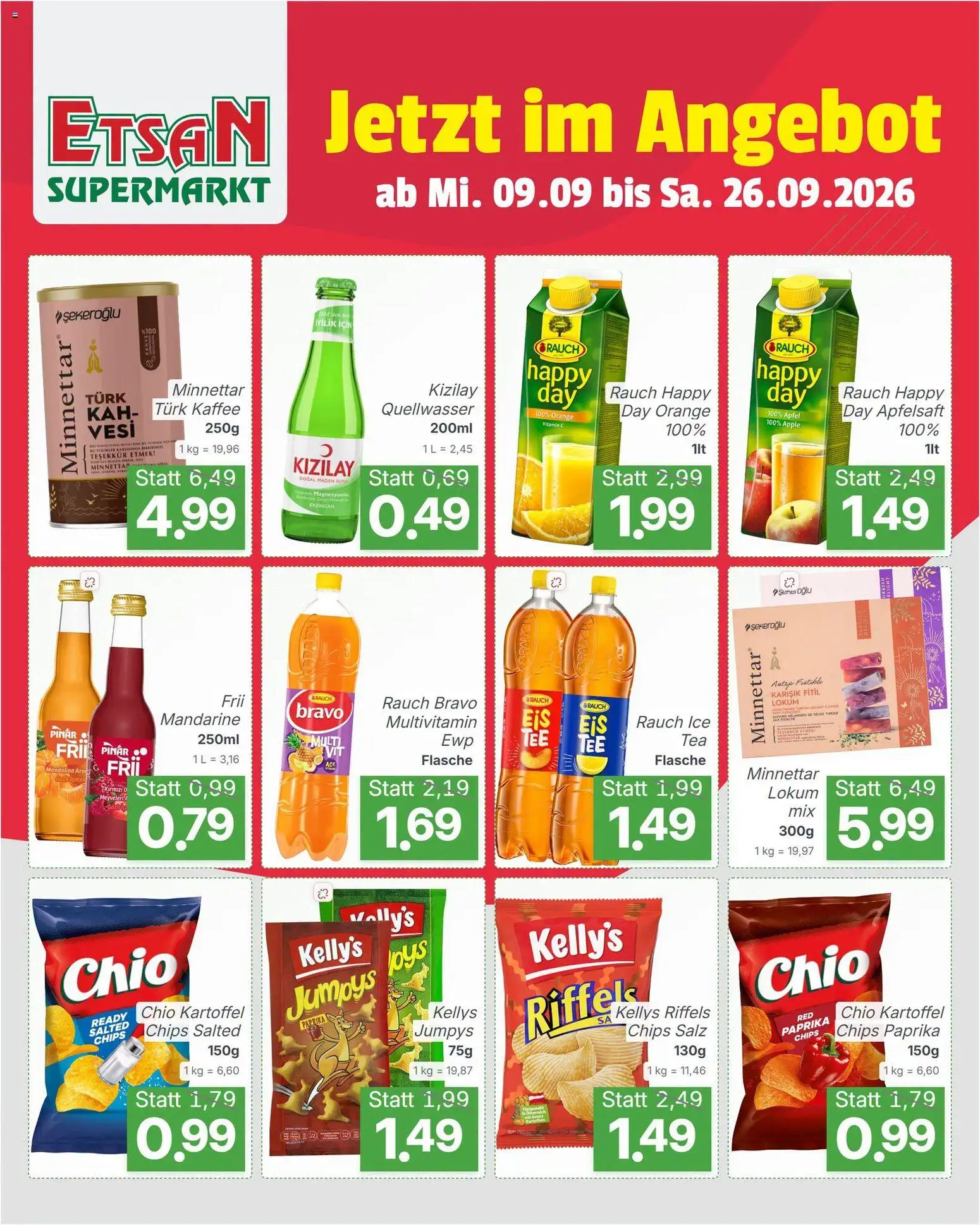 ETSAN Flugblatt gültig ab 09.09.2026 | Seite: 4 | Produkte: Quellwasser, Apfelsaft, Kaffee, Äpfel