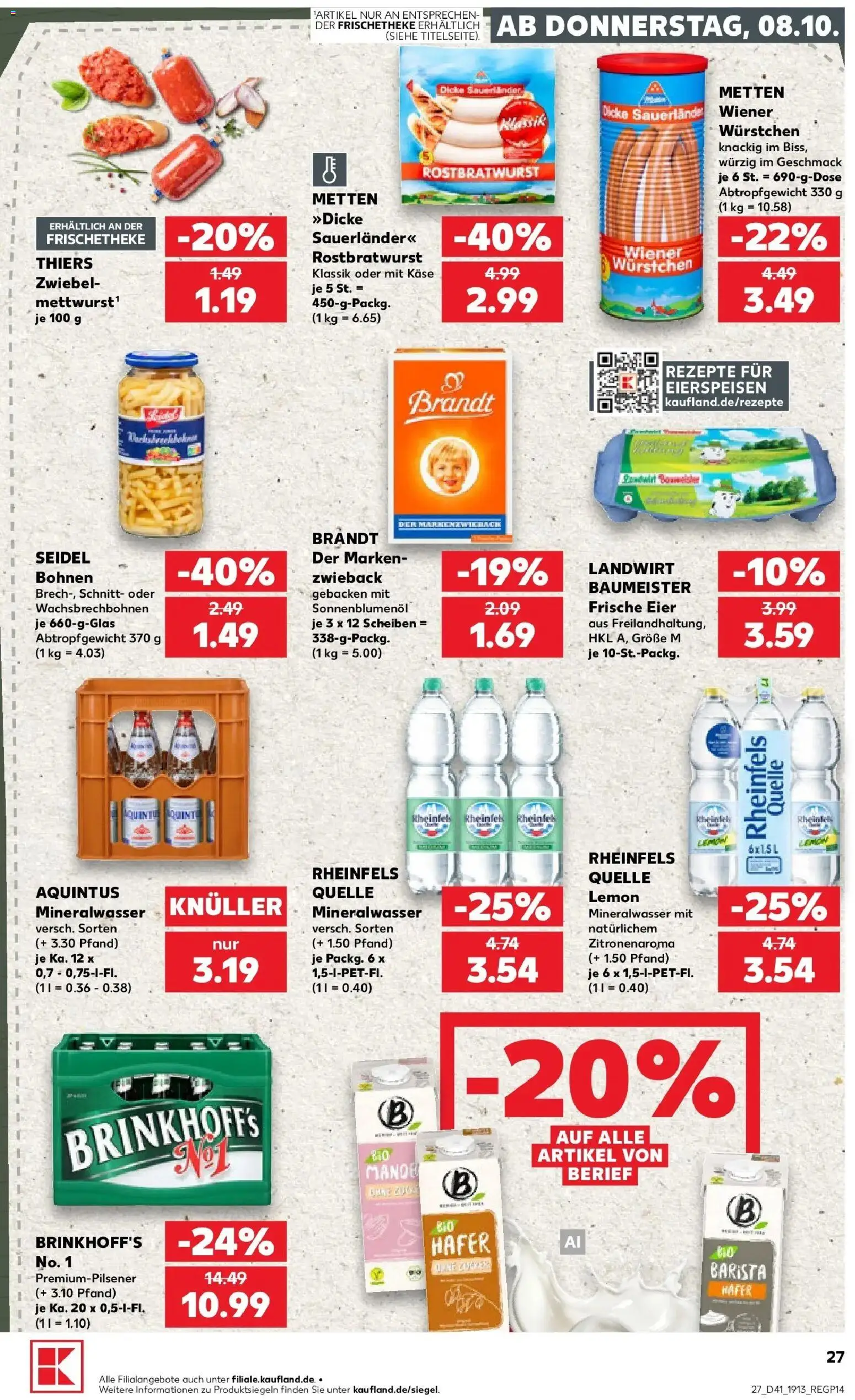Prospekt Kaufland ab 08.10.2026 » Angebote Online zum Blättern | Seite: 27 | Produkte: Käse, Eier, Sonnenblumenol, Rheinfels quelle