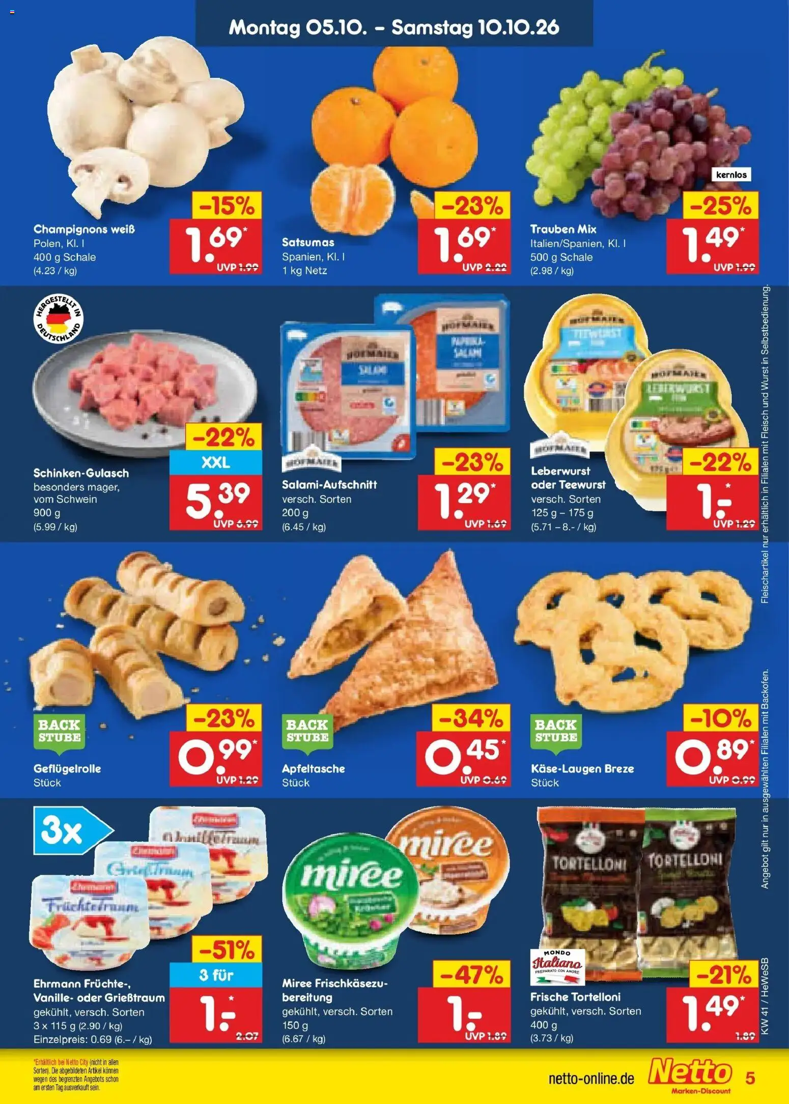 Netto Marken-Discount Prospekt Hamburg (ab 05.10.2026) » Angebote | Seite: 5 | Produkte: Trauben, Champignons, Wurst, Fleisch