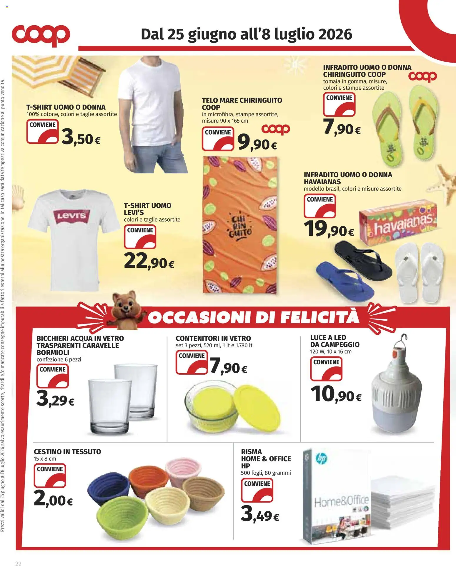 Volantino COOP del 25/06/2026 | Pagina: 22 | Prodotti: Acqua, Infradito, Data, Cestino