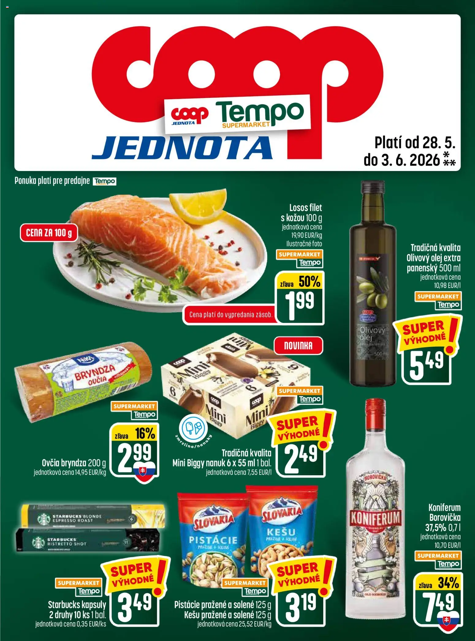 Nové COOP Jednota akcie – leták je platný od 28.05.2026 | Strana: 25 | Produkty: Olej, Borovička, Bryndza, Pistácie
