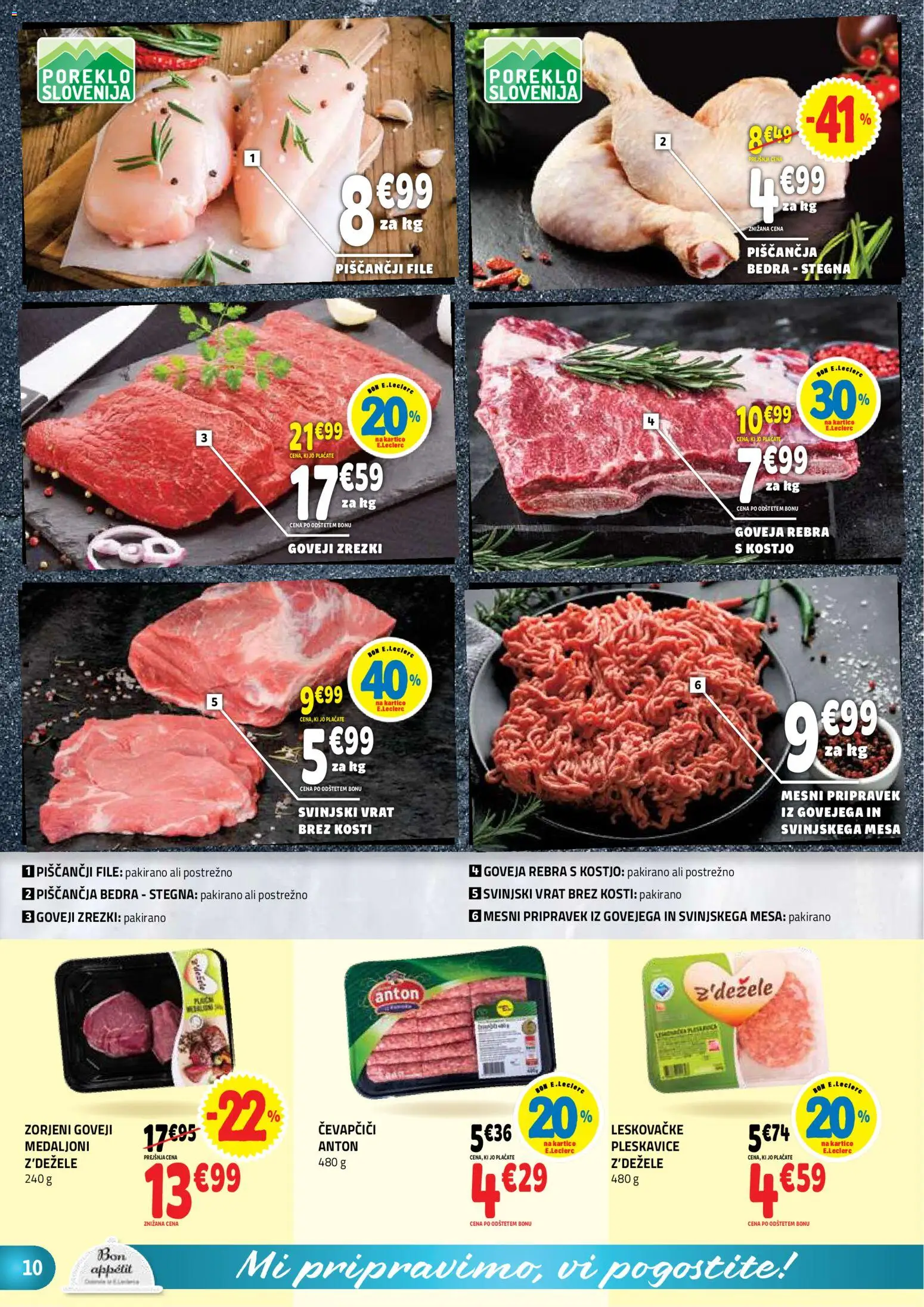 Novi E.leclerc katalog ponudbe – veljaven od 03.06.2026 | Stran: 10 | Izdelki: Čevapčiči, Piščančja bedra, Pleskavice, Zrezki