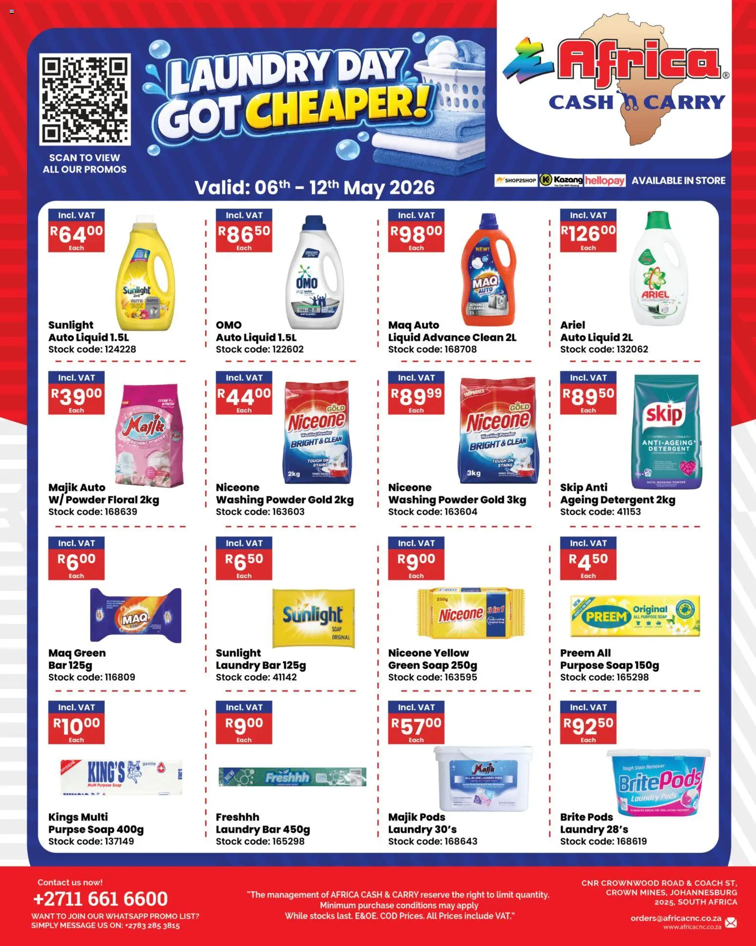 New Africa Cash & Carry catalogue – valid from 06.05.2026 | Page: 1 | Products: Pads, Powder, Stock, Washing powder