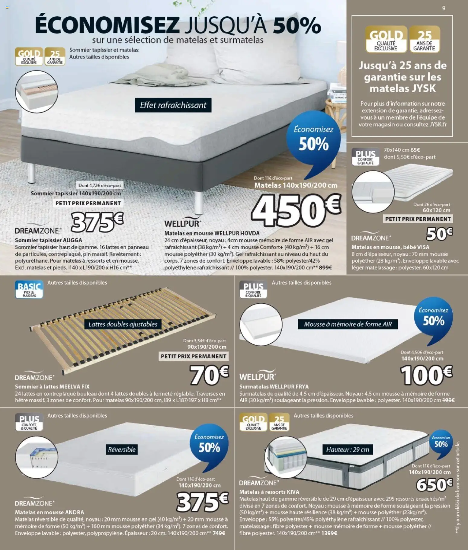 {H1} | Page: 9 | Produits: Surmatelas, Mousse, Matelas, Sommier