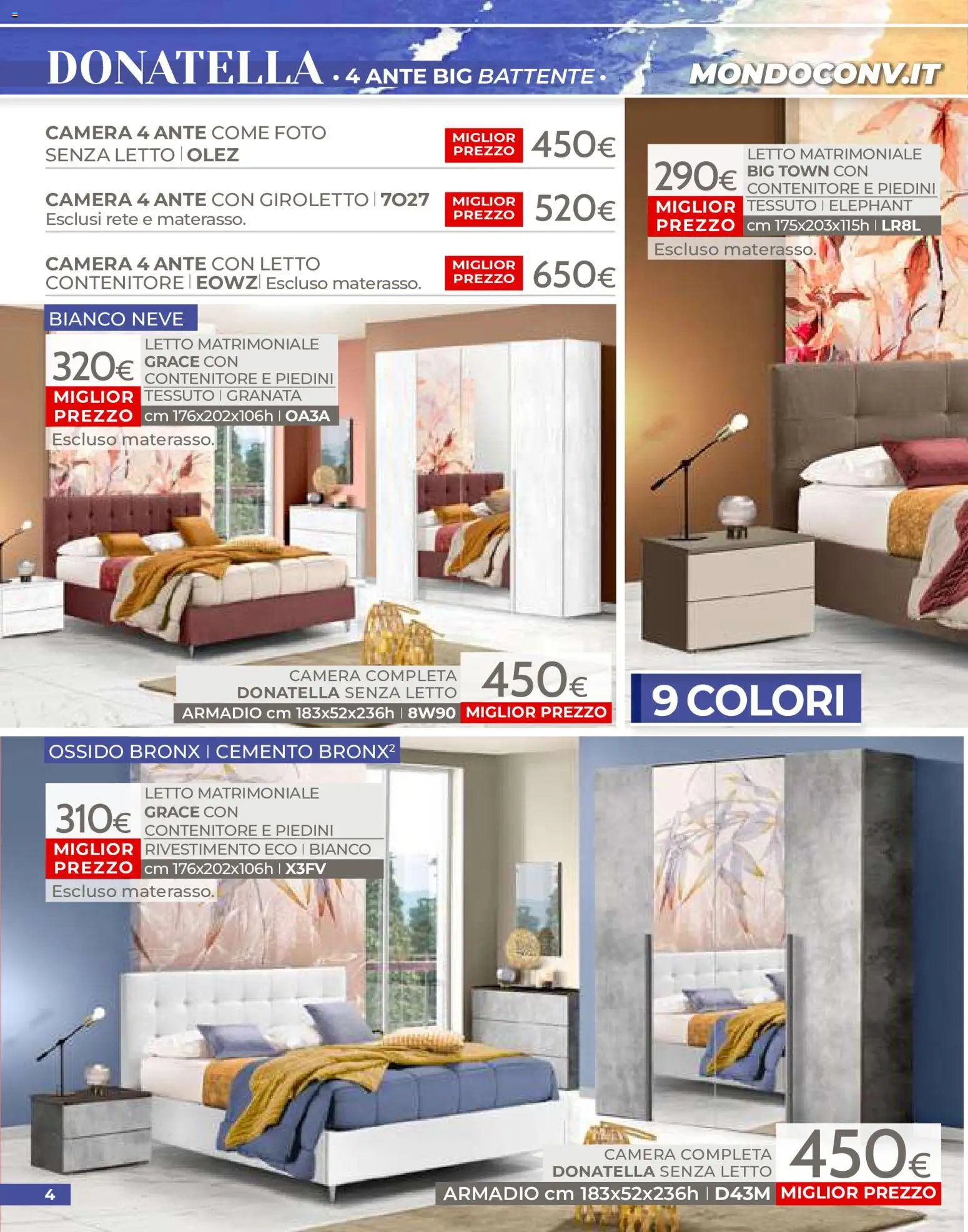 Volantino Mondo Convenienza del 01/07/2026 | Pagina: 4 | Prodotti: Letto matrimoniale, Contenitore, Letto, Materasso