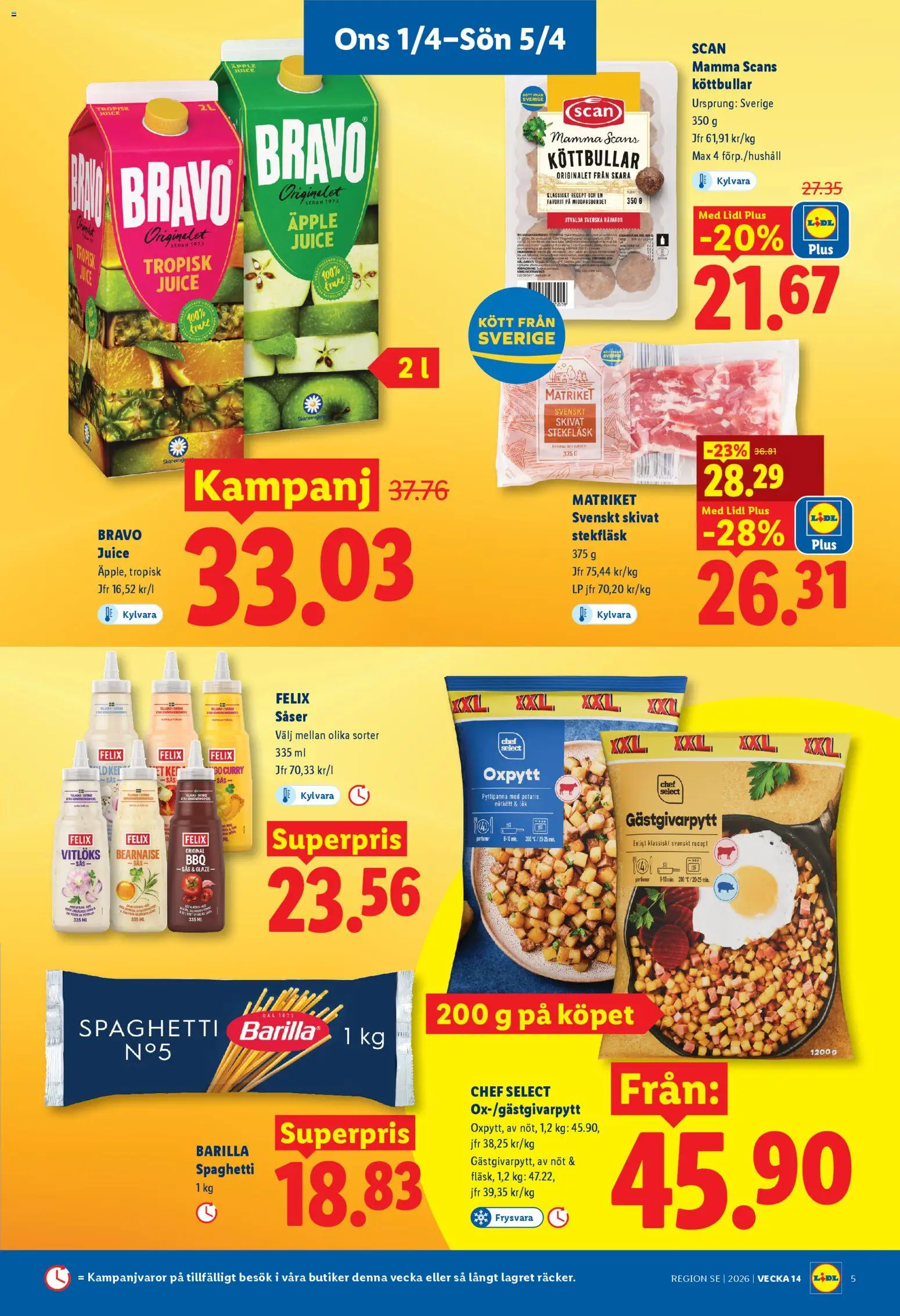 Lidl reklamblad aktuell från 01/04/2026 | Sida: 5 | Produkter: Köttbullar, Juice, Äpple, Potatis