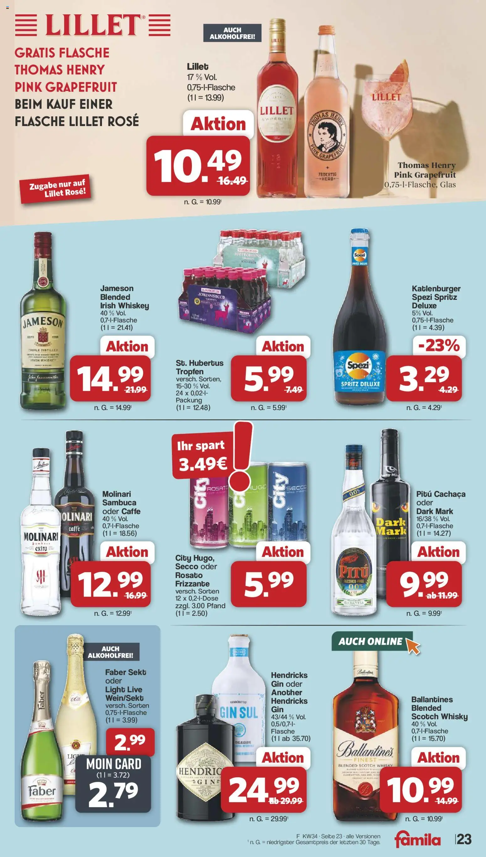 Famila Nordwest Prospekt – gültig ab 17.08.2026 | Seite: 23 | Produkte: Grapefruit, Gin, Whiskey, Hubertus tropfen