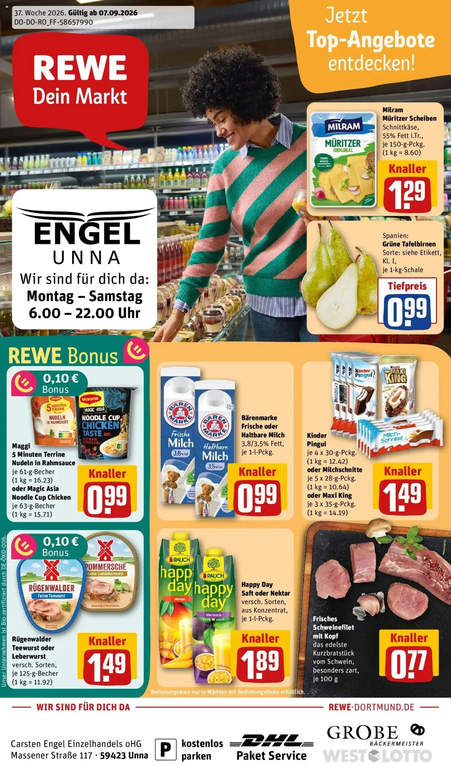 REWE Prospekt ab 07.09.2026 zum Blättern » Angebote | Seite: 1 | Produkte: Maggi, Milram, Nudeln, Uhr