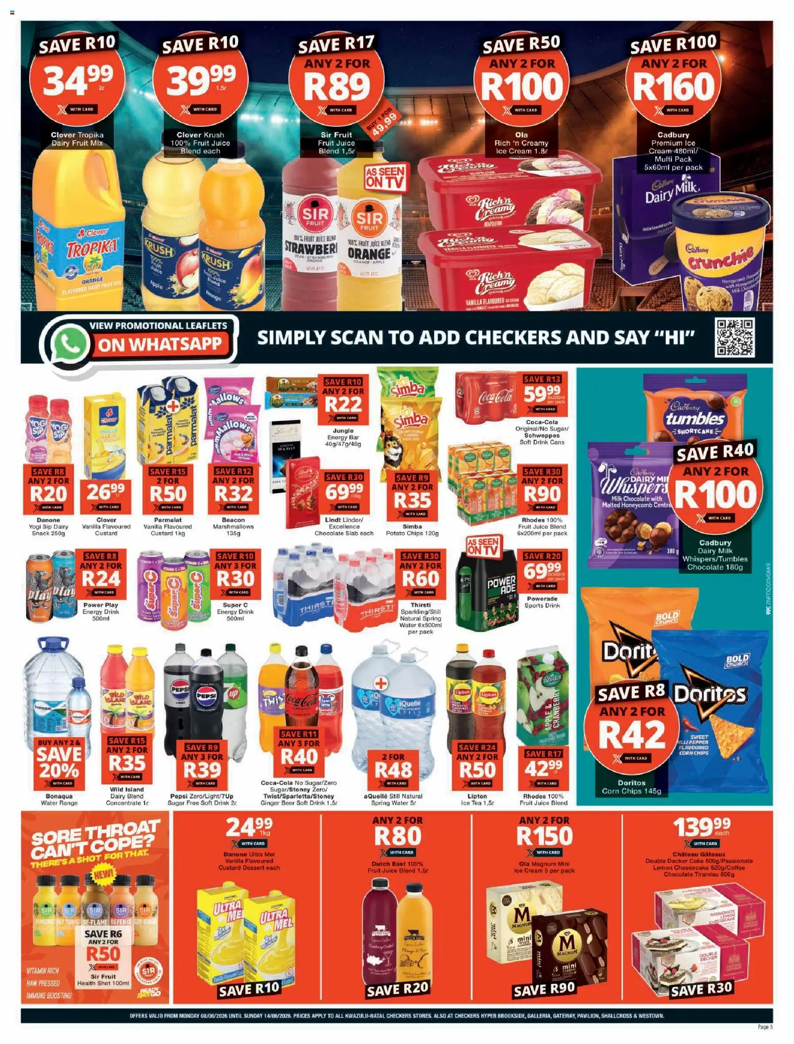 New Checkers catalogue – valid from 08.06.2026 | Page: 5 | Products: Cake, Juice, Cream, Fruit