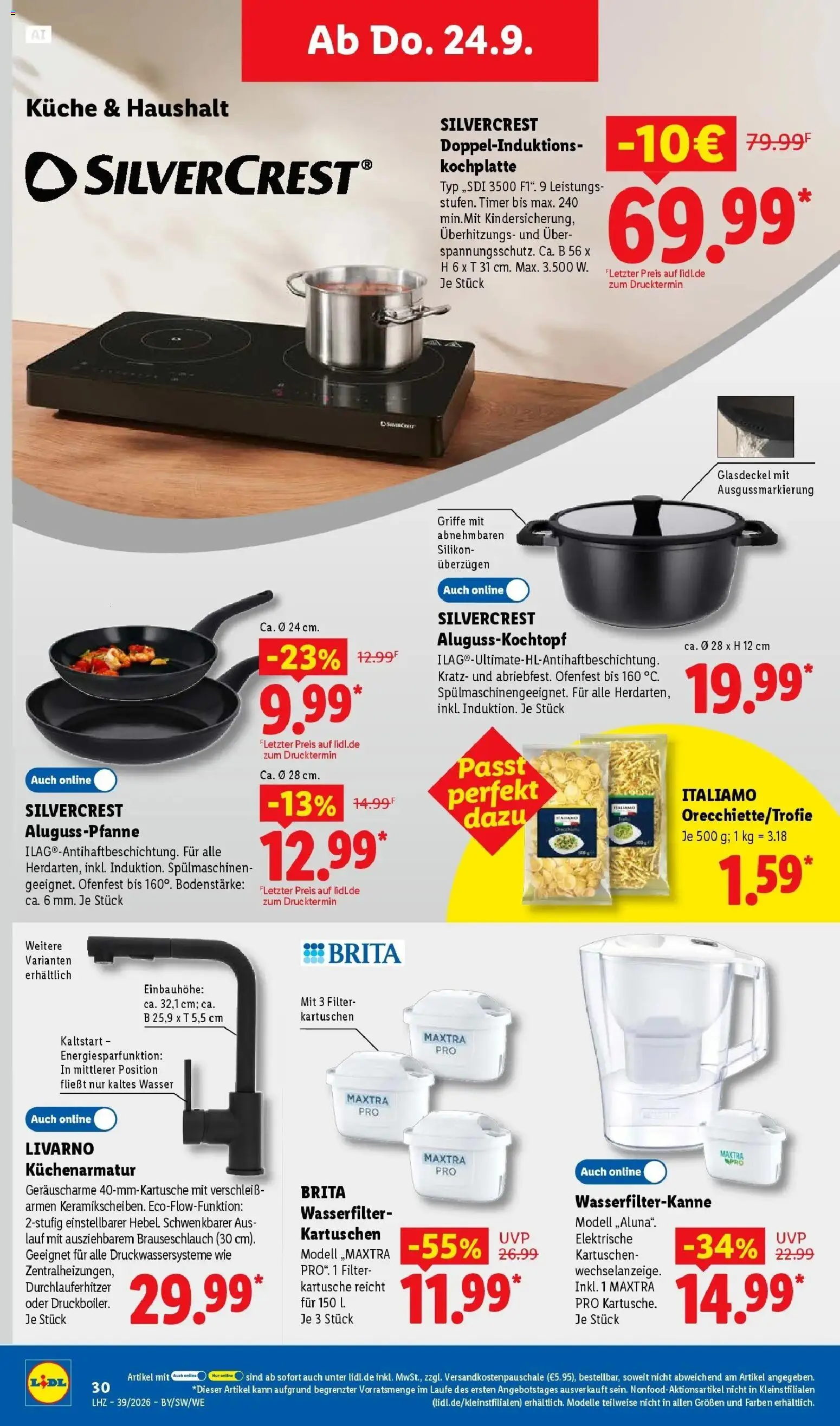 Lidl Prospekt Hof-innenstadt (ab 21.09.2026) zum Blättern » Angebote | Seite: 44 | Produkte: Küche, Wasser, Pasta, Kochplatte