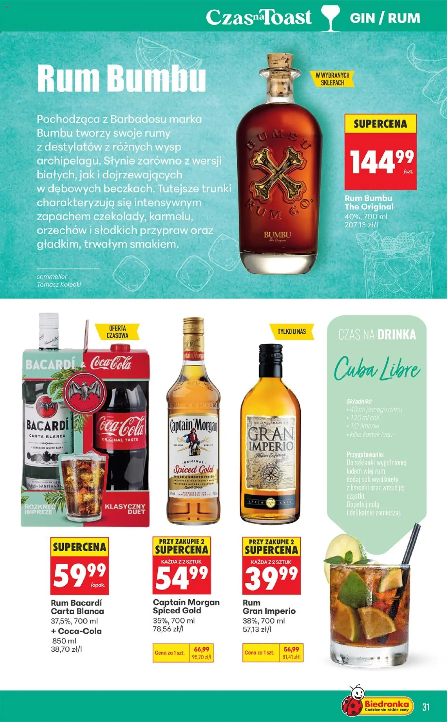 Biedronka gazetka - Czas na toast od 07.09.2026 | Strona: 31 | Produkty: Rum Bacardi, Bacardi, Coca cola, Szklanki