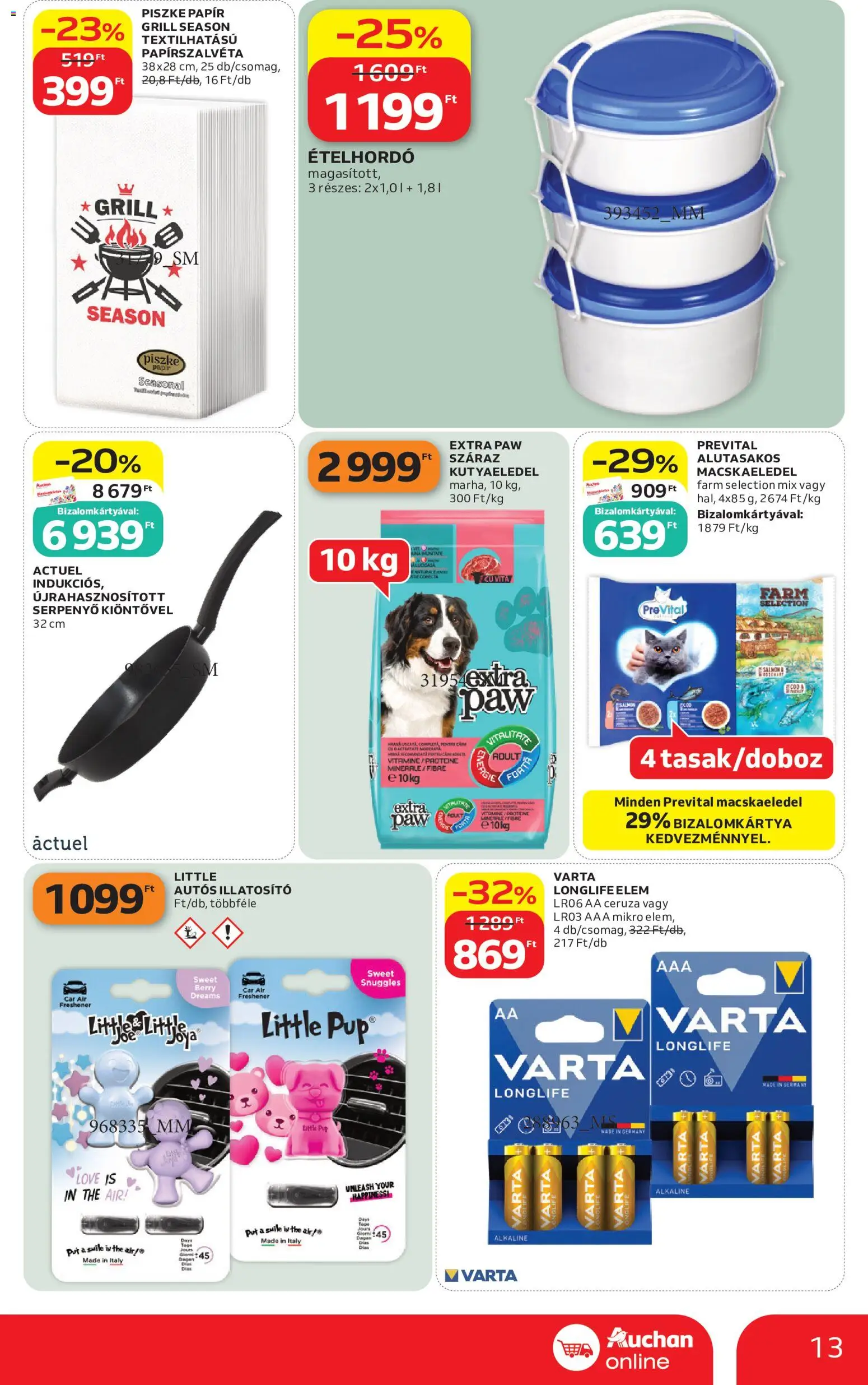 Auchan akciós ujság - amely érvényes a következő dátumtól: 21.05.2026 | Oldal: 13 | Termékek: Macskaeledel, Grill, Serpenyő, Ételhordó