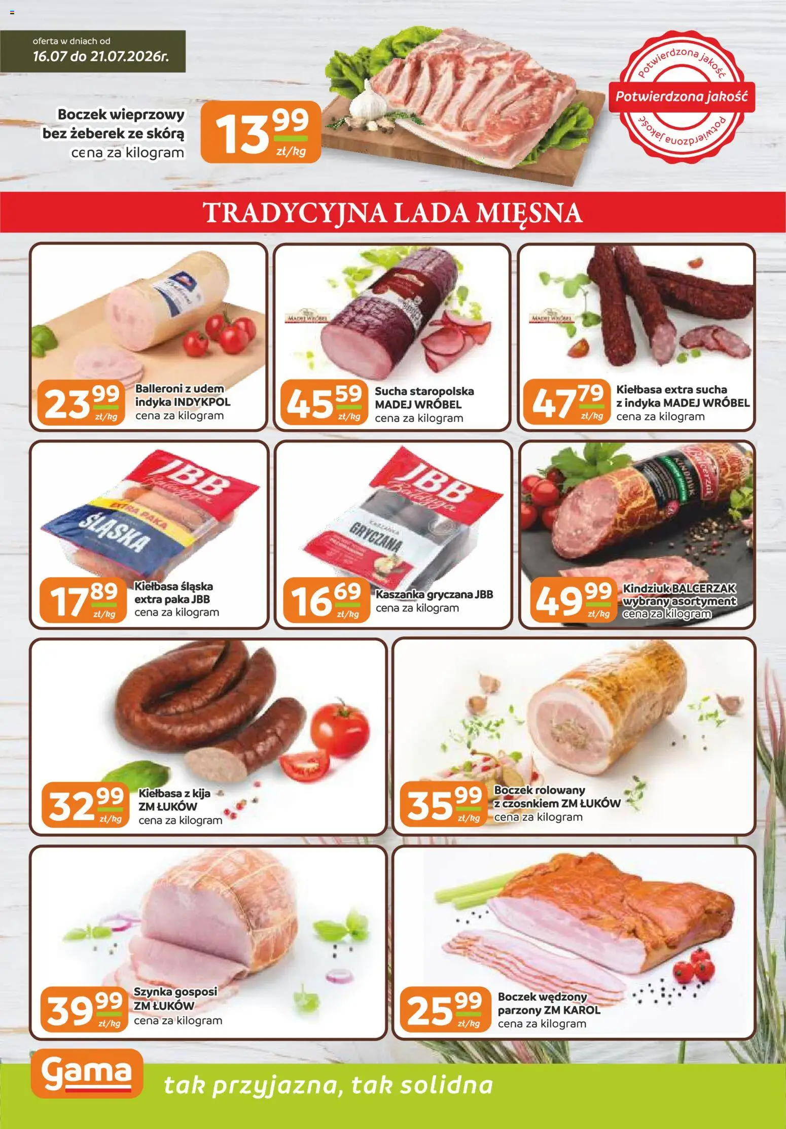 Gama gazetka od 16.07.2026 | Strona: 2 | Produkty: Kiełbasa, Boczek wędzony parzony, Kiełbasa śląska, Boczek
