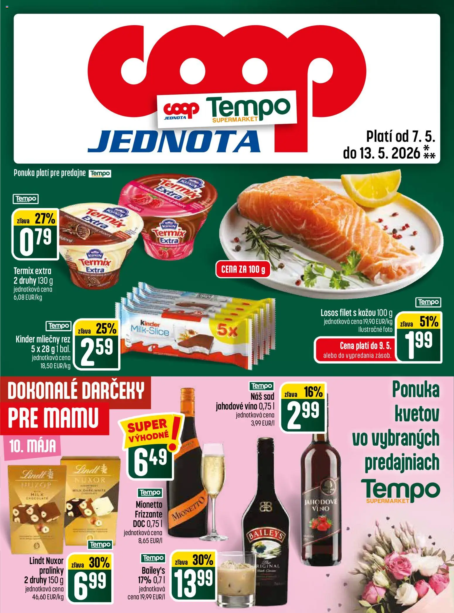 Nové COOP Jednota akcie – leták je platný od 07.05.2026 | Strana: 25 | Produkty: Víno, Lindt, Losos, Baileys