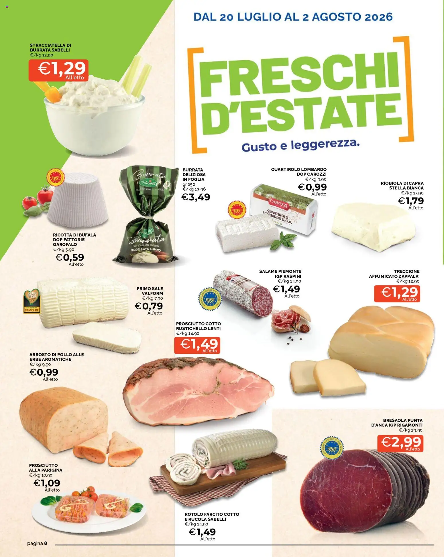 Volantino Mercatò del 20/07/2026 | Pagina: 8 | Prodotti: Prosciutto Cotto, Pollo, Sale, Burrata