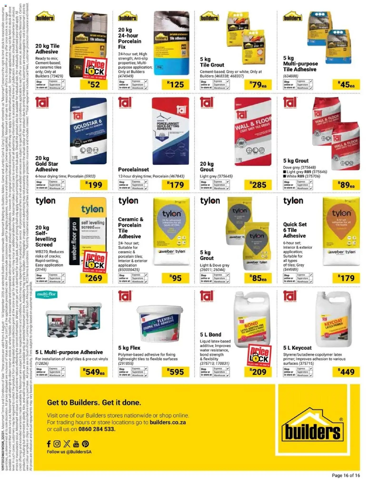 New Builders catalogue – valid from 04/08/2026 | Page: 16 | Products: Tile grout, Lock, Adhesive, Water