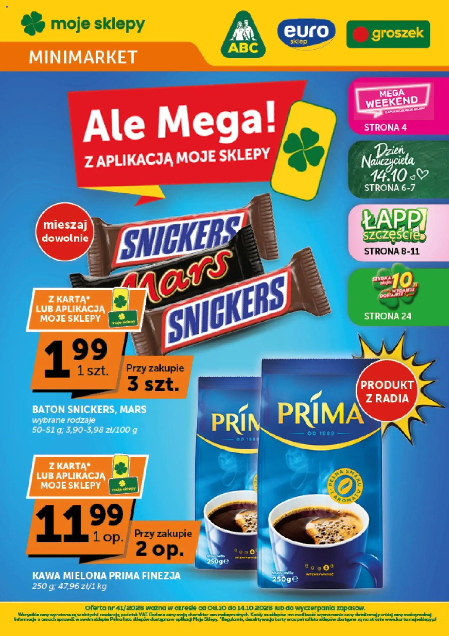 Euro Sklep gazetka - Minimarket od 08.10.2026 | Strona: 1 | Produkty: Groszek, Kawa mielona Prima, Snickers, Baton